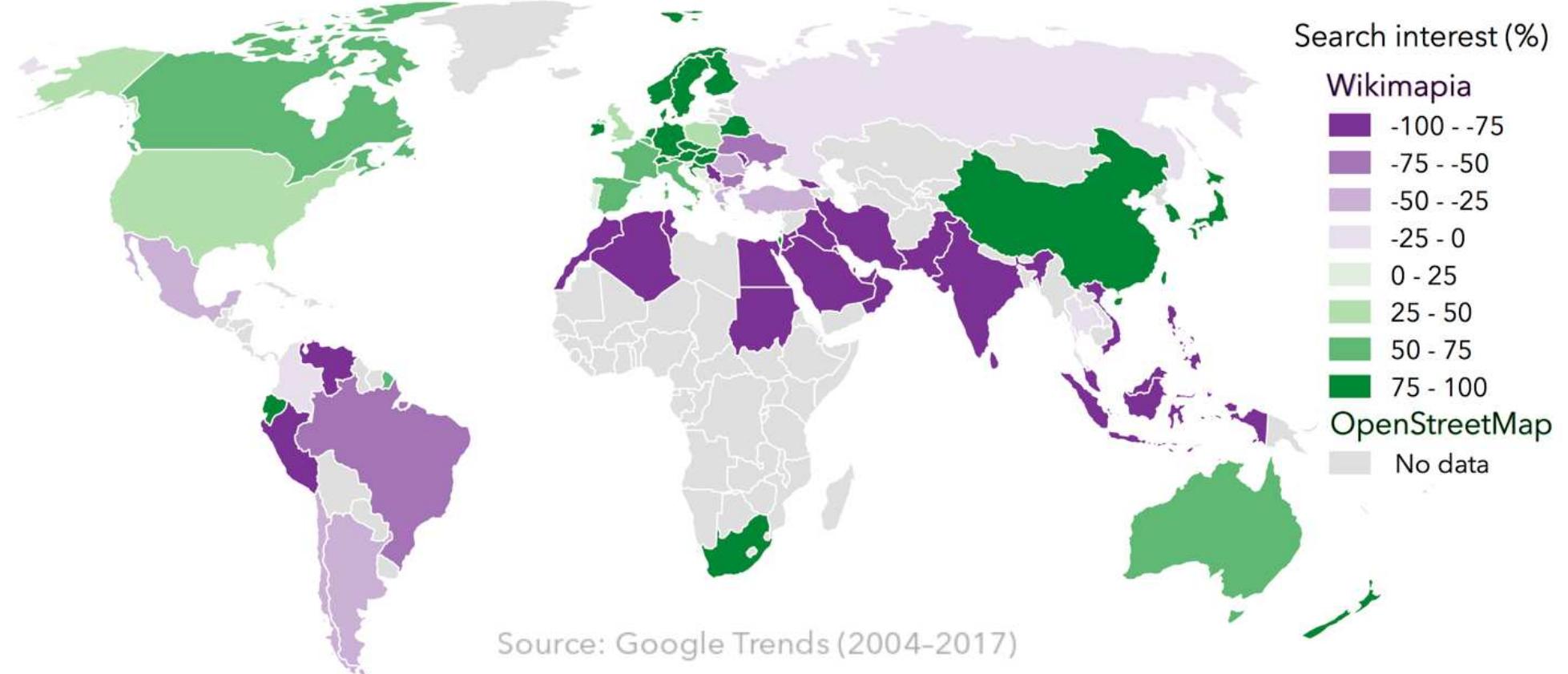Figure 6: Search index for Wikimapia (purple) or OpenStreetMap (green), based on Google Trends from  2004 to 2017, as eight equidistant bins (accessed on 15 April 2017). The value is a percentage, ranging from -100% (all searches just for Wikimapia) to 100% (all searches just for OpenStreetMap). 0% means  an even split between the two projects. Country boundaries from naturalearthdata.com, 2017. 