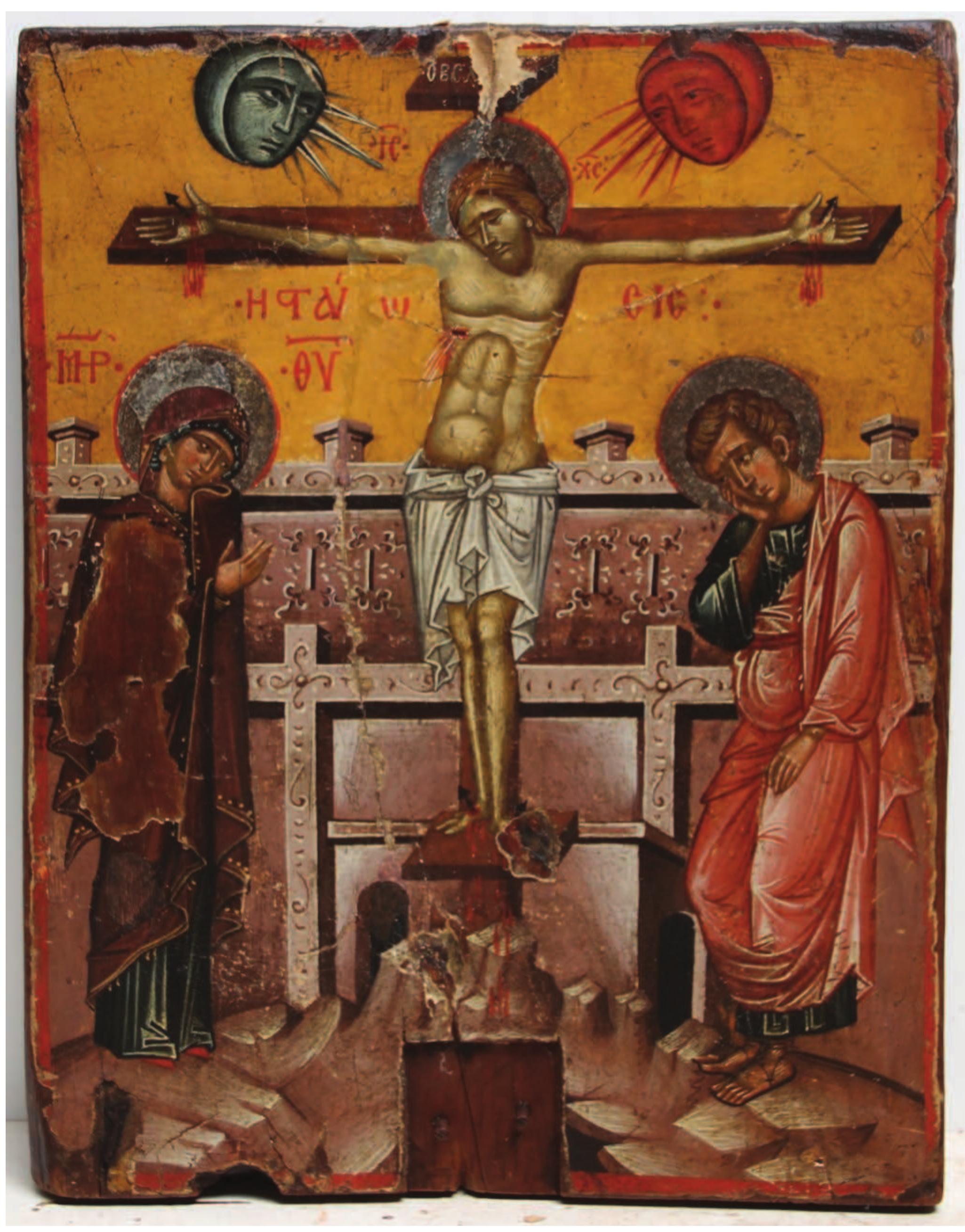 Bilateral icon of the Virgin Eleousa/Crucifixion, formerly in the Church of Archangel Michael at Lardos, Rhodes. The side of the Cruci fixion (after conservation). 