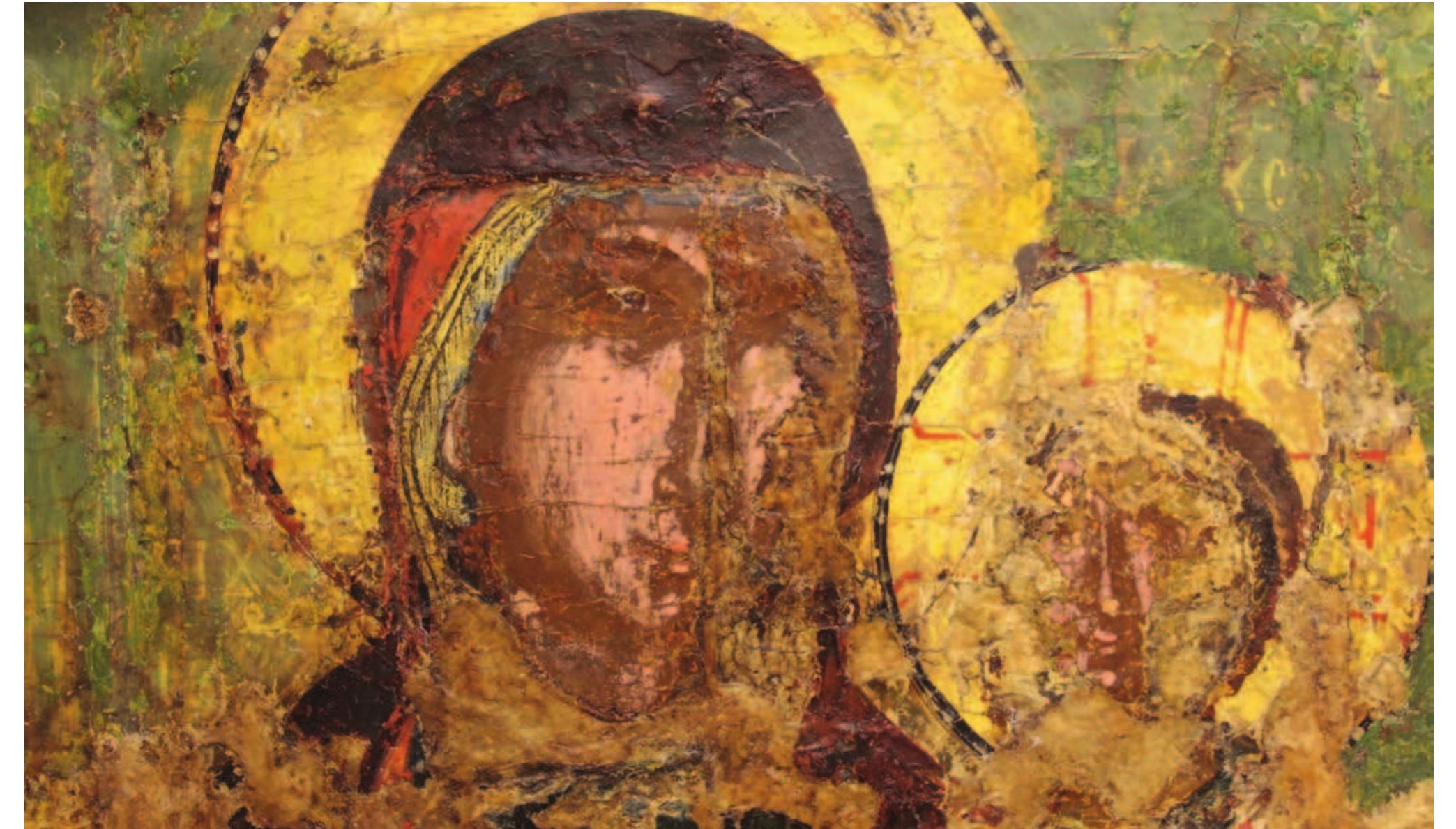 a. Bilateral icon of the Virgin Eleousa/Crucifixion, formerly in the Church of Archangel Michael at Lardos, Rhodes. The images of the Virgin and Christ (17th century layer). 