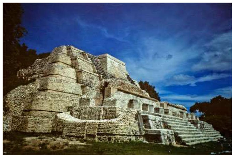 Figure 1. Structure B-4, otherwise known as the Temple of the Masonry Altars, at Altun Ha, Belize. Photograph by Helmke. 