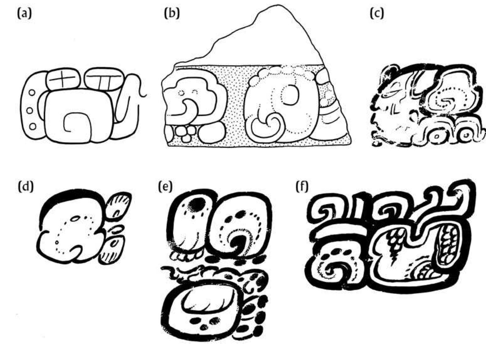 Figure 2. Examples of the Water Scroll logogram: (a) The Emblem Glyph on the jadeite plaque found in Tomb B-4/6. (b) Detail of Monument 133 at Tonina. (c) The name of Lady Shell Star of Yaxha on a Chinos Black-on-cream vase produced at Naranjo (K635). (d) Example of the logogram with ma syllabogram on a vase in a private collection (after Matteo 2015:Figure 7). (e) Name of the aquatic feline spirit rendered on a Codex Style vase (K771). (f) The name of a supernatural mountain rendered on the wall of Tomb  25 at Rio Azul. Drawings by Helmke. 
