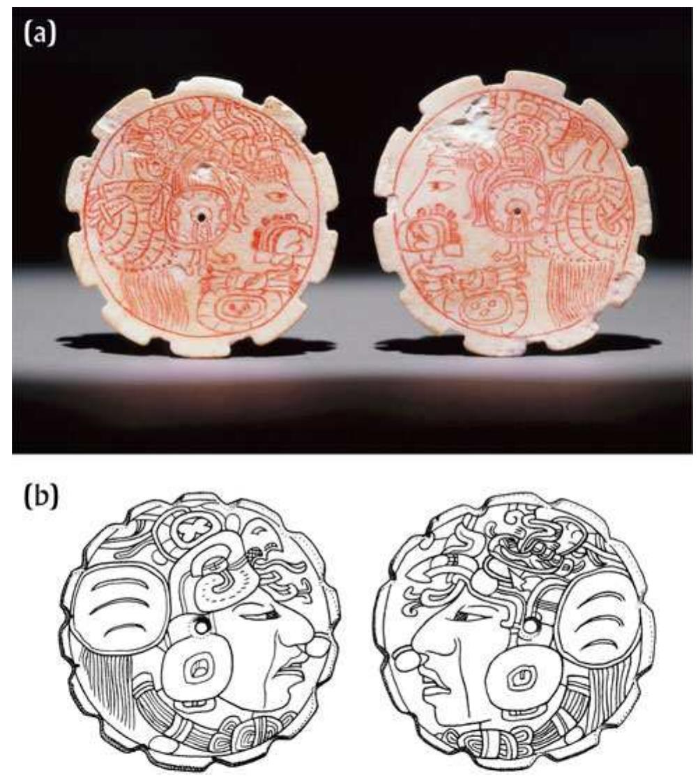 Figure 3. (a) A pair of decorated shell earspools depicting royal figures in profile, including a Water Scroll king (at right). Photograph K5086 © Justin Kerr. (b) A comparable pair of decorated shell earspools found in Burial C-16/13 at Altun Ha, dated to ca. A.D. 550. Drawing by David Findlay, reproduced with permission (after Pendergast 1982:Figures 109a—lO9b). 