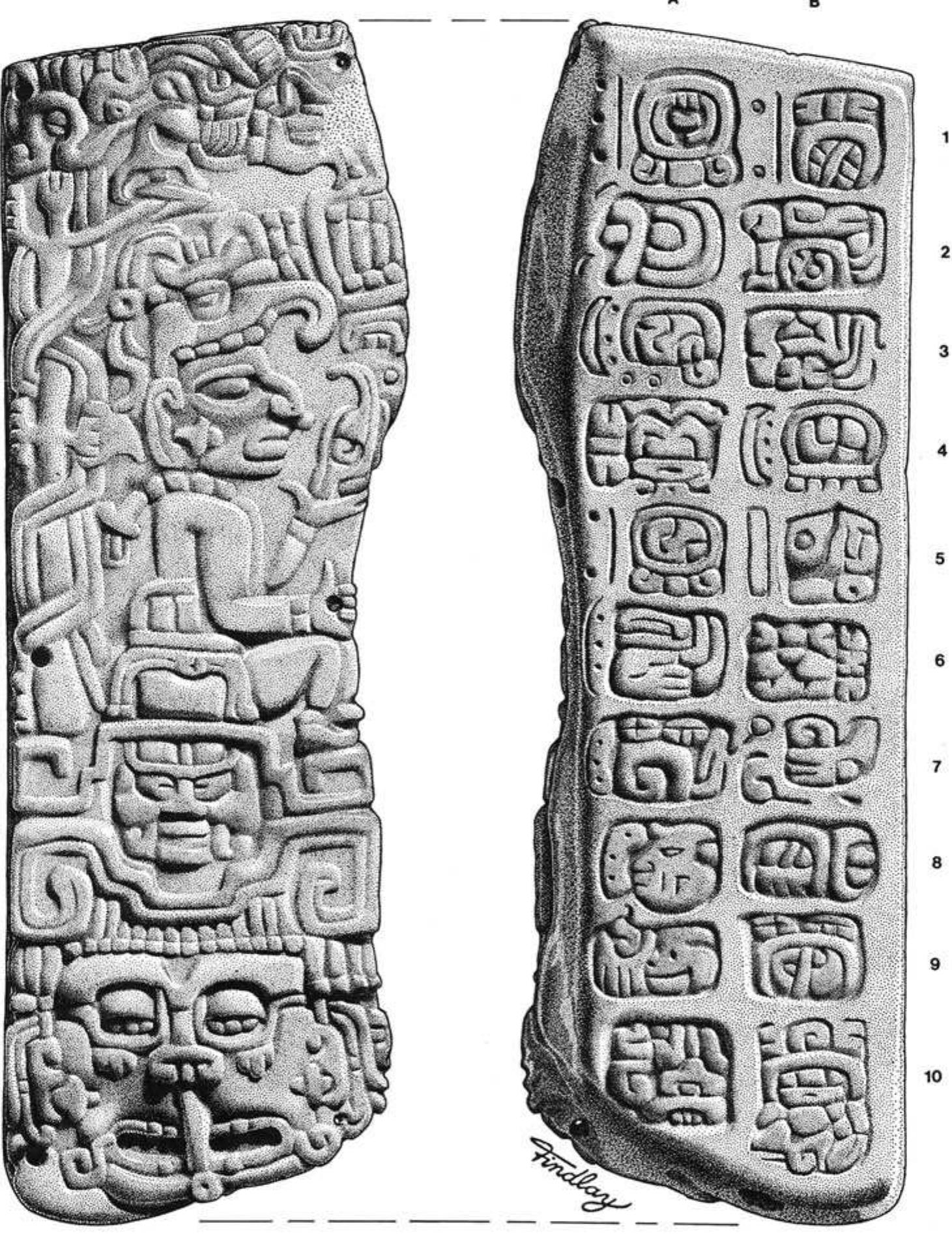 Figure 4. The large jadeite plaque (RP256/3) found within Tomb B-4/6. Drawing by David Findlay, reproduced with permission (after Pendergast 1982:Figure 55). 