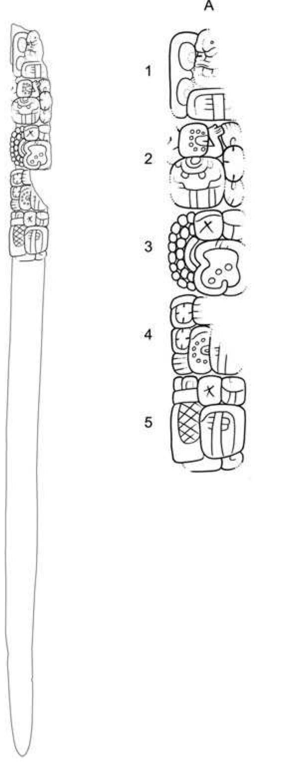 Figure 6. The carved bone pin found in Burial 43 at the site of Chau Hiix and detail of the glyphic text. Drawing by Helmke. 