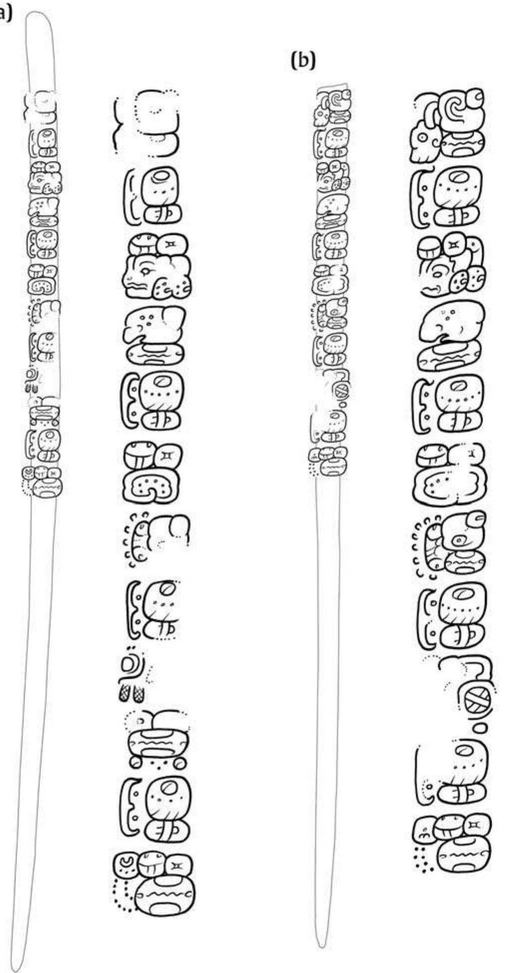 Figure 8. A pair of carved bone pins found in Burial 116 at Tikal. The pins and details of the glyphic texts (a) MT42A and (b) MT42b. Drawings by Helmke (after Moholy-Nagy 2008:Figures 194c—194d and Tokovinine 2013:Figures 48b—48c). 