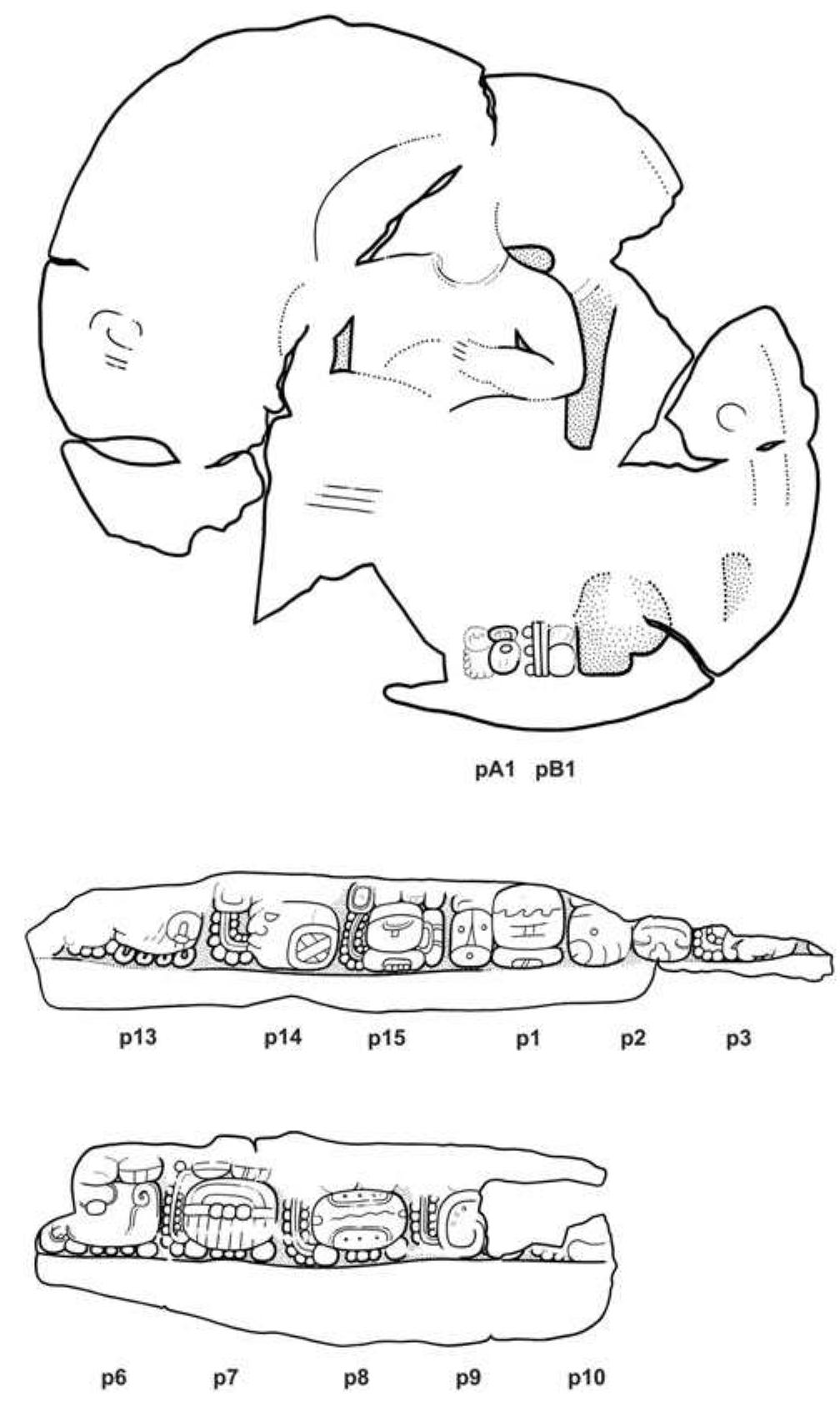 Figure 10. Altar 3 of Altar de los Reyes, showing the eroded scene on its top and the emblem glyphs along its side. Drawing by Nikolai Grube (after Grube 2003:Figures |—2). 