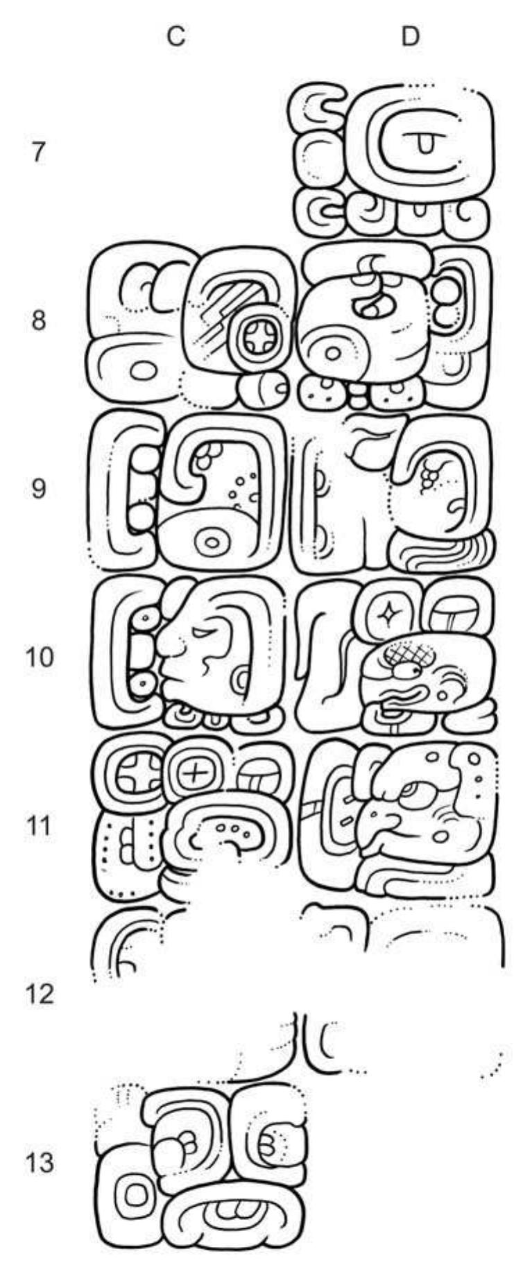 Figure Il. Excerpt of the lengthy text adorning the back of Stela 46 of Naranjo, mentioning the king of the Water Scroll dynasty. Drawing by Helmke (after Martin et al. 2017:Figure 5). 