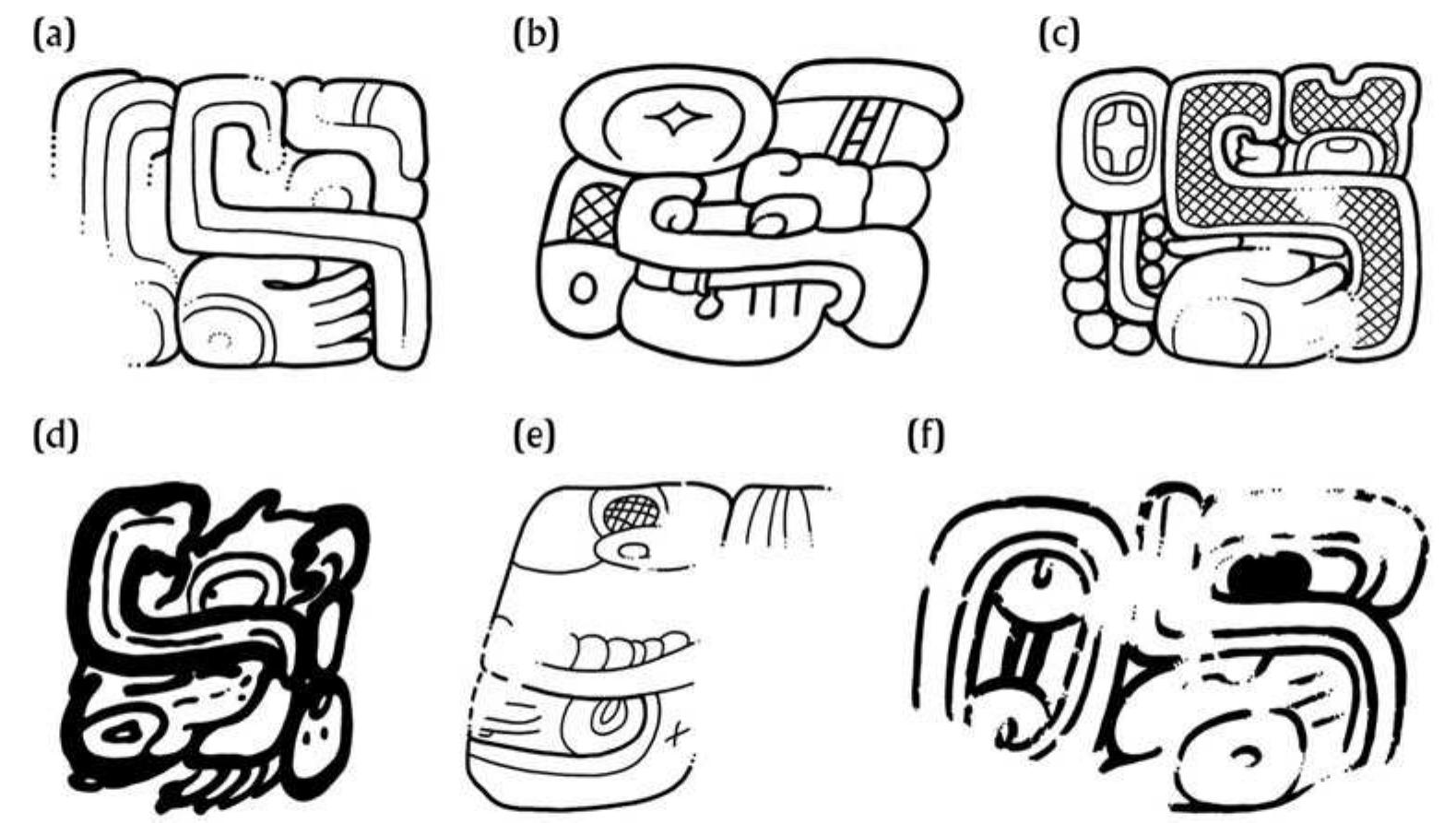 Figure 12. The supernatural entity known as the “Square-nosed Beastie”: (a) Naranjo, Stela 24; (b) Naranjo, Altar 1; (c) Tikal, Temple IV, Lintel 2; (d) unprovenanced ceramic bowl, K2358; (e) Altun Ha, incised ceramic bowl RP595/161; and (f) Altun Ha, Petkanche ceramic vase RP 595/56. Drawings by Helmke. 