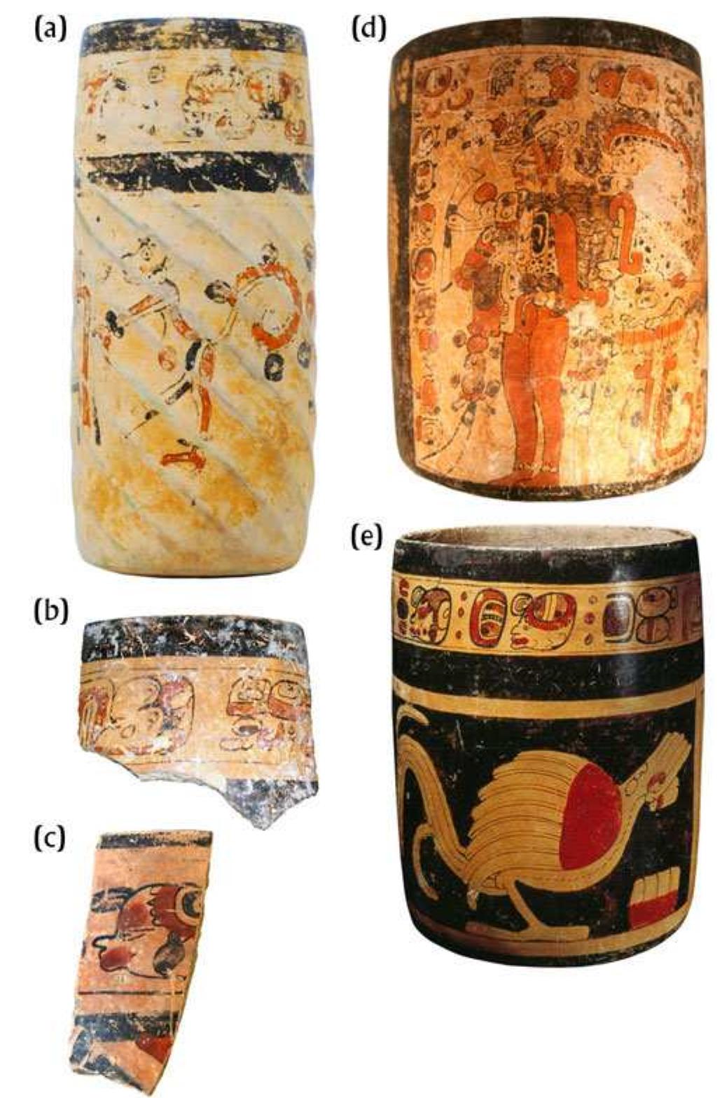 Figure 13. Examples of Petkanche Orange-polychrome vessels that were manufactured in workshops at Altun Ha. (a) A vase discovered at Chac Balam on Ambergris Caye and (b) A sherd of comparable specimen in a private collection in San Pedro. (c) One of the Petkanche sherds discovered in excavations at Pusilha. Photographs by Helmke. (d) Vase found in Structure N2 at Becan. Photograph by Harri Kettunen. (e) The Quetzal Vase found in Tomb 2 at Copan. Photograph Hillel Burger © President and Fellows of Harvard College, Peabody Museum of Archaeology and Ethnology, Harvard University (PM# 2004.24.34540.1). 