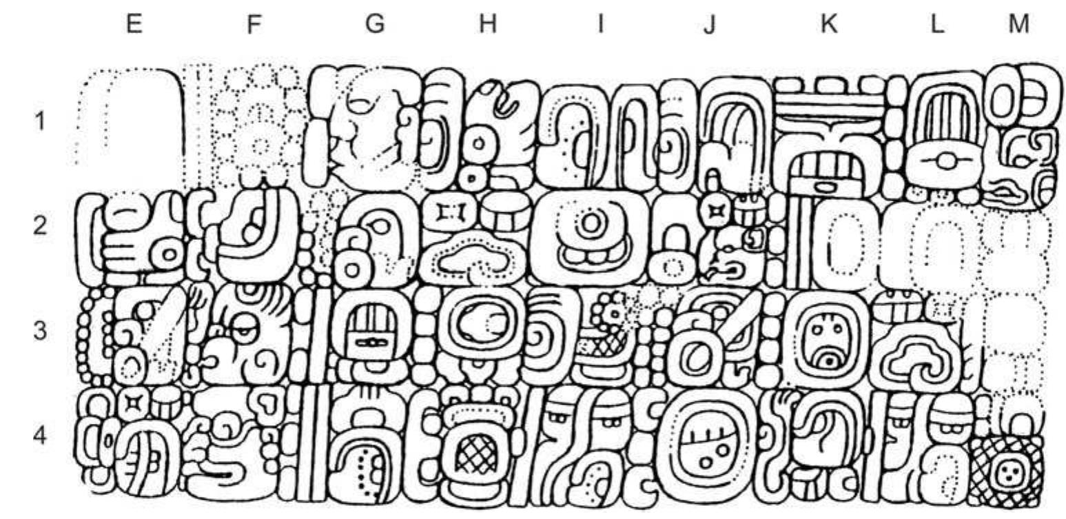 Figure 14. The lowest portion of the glyphic text of Stela 2 at Nim Li Punit. Drawing by John Montgomery reproduced with permissio! (after Wanyerka 2003:Figure 17).  Among the many texts seen at Naj Tunich are two that are of real importance for understanding the role and significance of the Water Scroll kings. In Drawing 34, we have a relatively short text that records the arrival of pilgrims on the date 8 Men 9 K’ayab (A1-A2), possibly correlated to span from the second to the third of January, A.D. 744 (Figure 15a; see Helmke 2009:160-161; MacLeod and Stone 1995:163). The verb in question is hul-i, ‘he arrived here’ (A3), with the locality specified in the following glyph block, perhaps read as I[k’-jul-kab (A4) or ‘black-pierced- earth,’ an apt name for Naj Tunich. The person said to arrive at this locality is named in the following two glyph blocks, first by attributing him the Water Scroll emblem glyph (B1) and thereafter by naming him as MUYAL-cha-ki (B2) for Muyal Chaahk, or 
