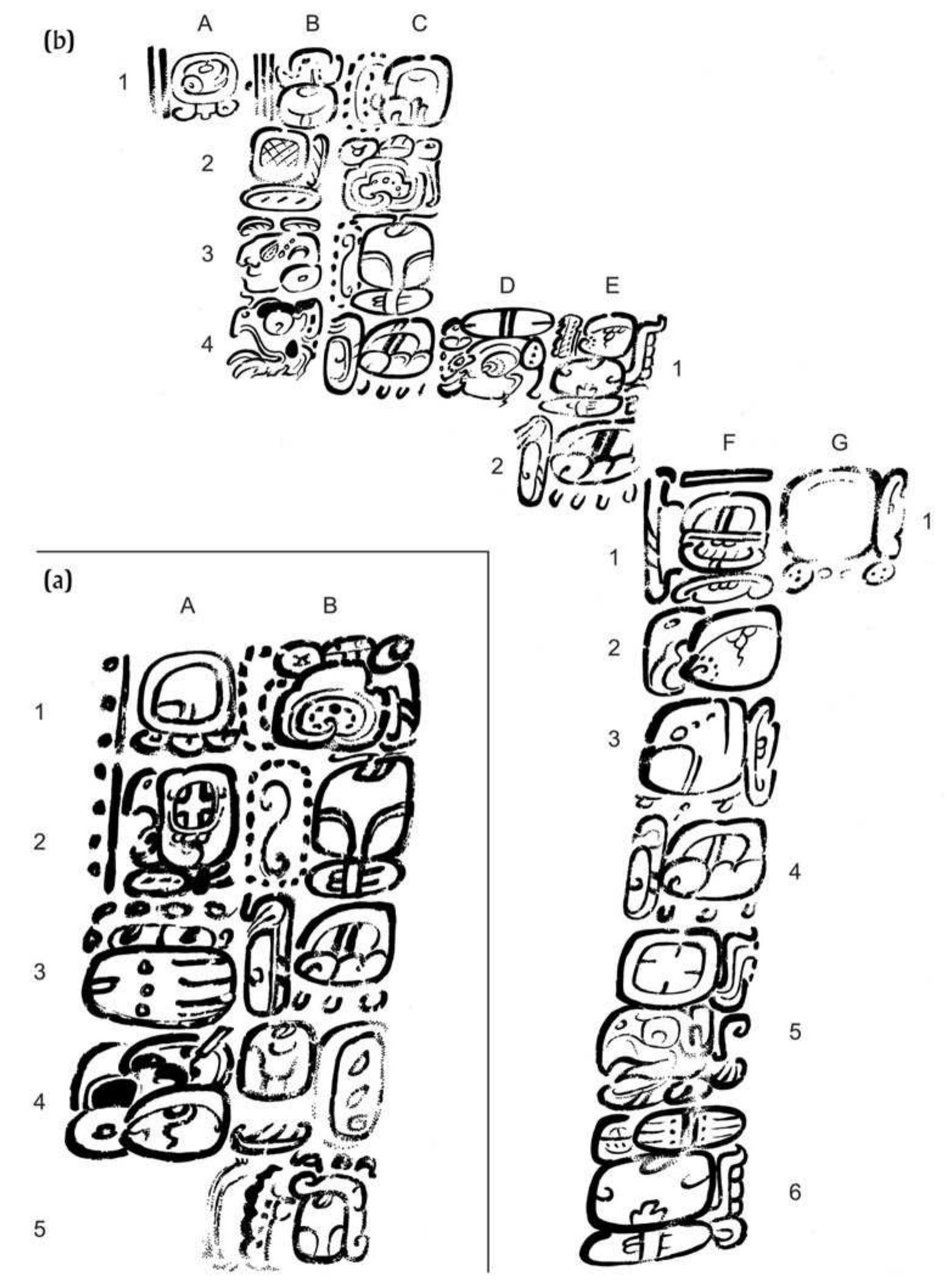Figure 15. Texts from Naj Tunich mentioning a Water Scroll king. (a) Drawing 34. (b) Detail of Drawing 65. Drawings by Helmke, based on photographs by Chip and Jennifer Clark. 