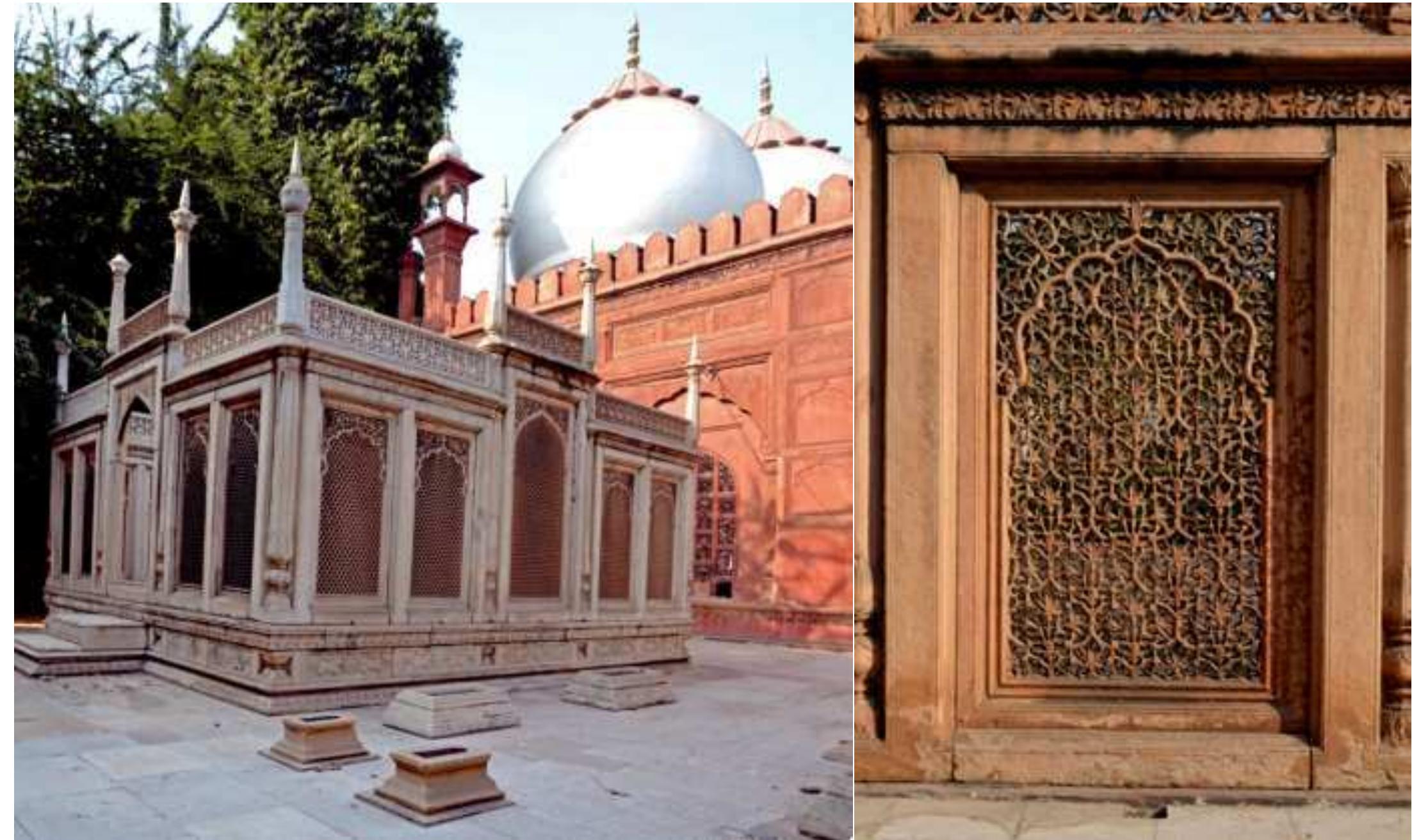 The overall structure is similar to Zinatun-nisa mosque built by second daughter of  Aurangzeb, however,the former does not have tall minarets. Ebba Koch*’compares the overall layout of campus with Khairul Manazil mosque built during Akbar’s reign.Unlike Khairul Manazil the  mosque is isolated fromthe madarsa wings. The domes were once striped with different color simila1 to Jami Masjid Shahjahanabad.On the south of the mosque there is a roofless tomb of Ghaziuddin with marble screen walls showcasing detailed craftsmanship (Fig.13) which is further surrounded by  carved sandstone jaali with remarkable arabesque workmanship (Fig.14).  carved sandstone jaali with remarkable arabesque workmanship (Fig.14).  Despite Emperor Aurangzeb’s lack of interest in building expensive monument, hi ubordinates maintained the legacy of Mughal Architecture. Even during British Raj in India, th Mughal style continued in the form of Indo-Saracenic Architecture, which influenced th contemporary architecture of the region.The Ghaziuddin Khan Complexacts a benchmark whicl eflects continuity in the development of architecture of later period. It stands as a remarkabl  vitness to the later developmentsin Indo-Islamic architecture where despite the decline in patronagi  ind use of rich material resources, the stylistic trends were maintained and the richness of spatia  asi cic ee TO a rt OT i i Ee BL ce es ce ae Pie 