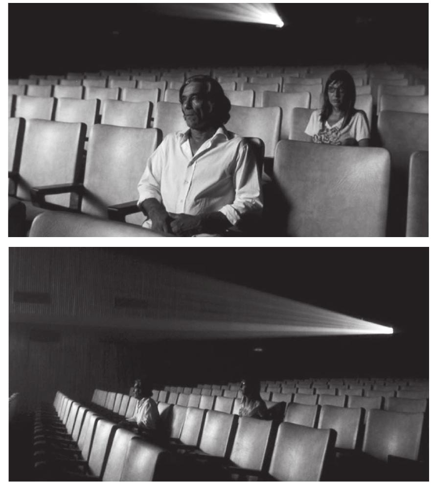 Spectral characters also seem to populate Lisandro Alonso’s Fantasma (in English. “Ghost”). Set in an empty Teatro San Martin in Buenos Aires, one of Argentina’ major theaters and cultural centers, Fantasma mostly comprises tableau-like shots of the building’s vacant interiors and inconsequential scenes involving the aimless wanderings of two inexpressive men. These are the real peasants who starred in Alonso’s previous Freedom (2001) and The Dead (2004), the latter film being screened in the near-empty cinema within the diegesis, and watched by its own protagonist (Argentino Vargas) anc two other staff members coming in and out of the auditorium (Figures 3 and 4).  Figures 3-4. Argentino Vargas watches himself on the big screen in a near-empty cinema in Alonso’s Fantasma (4L, 2006). 