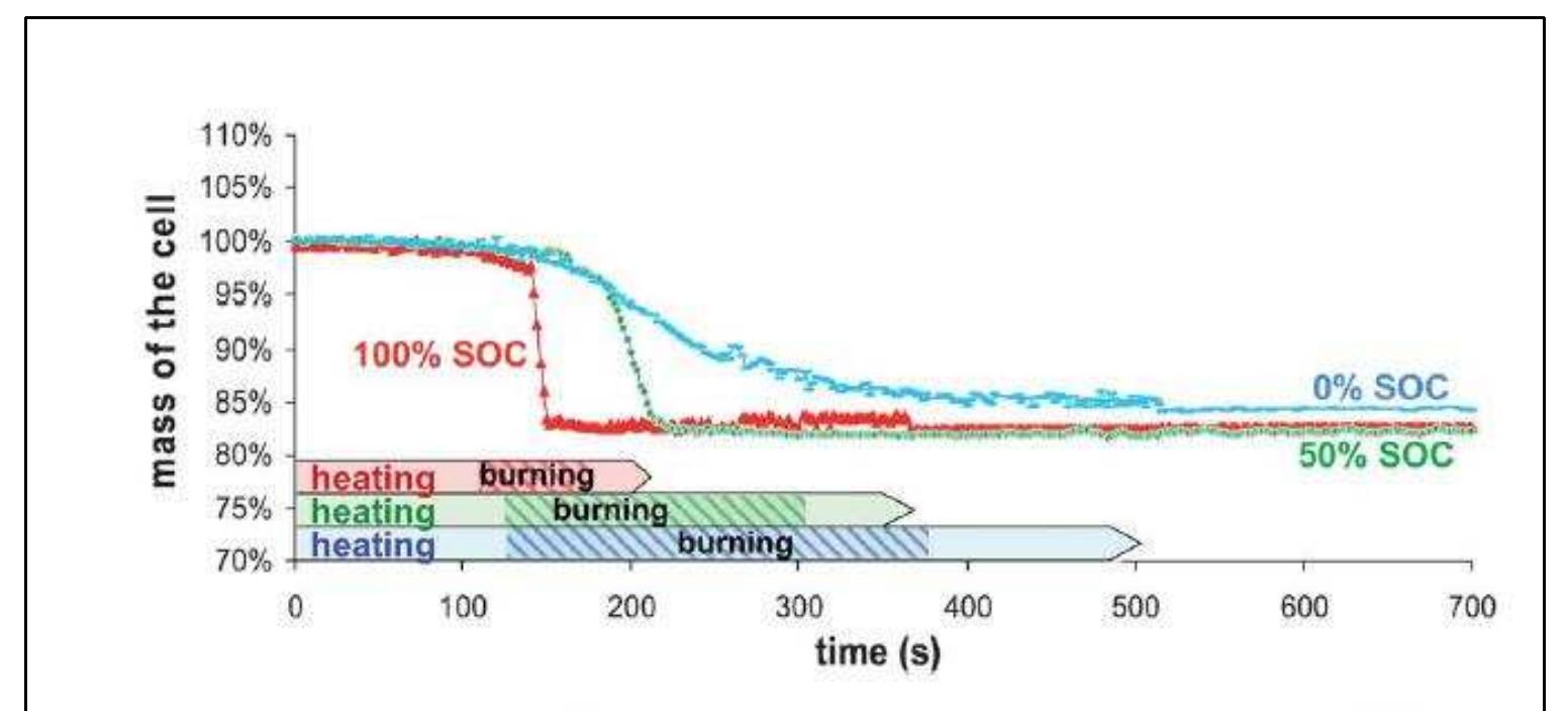 Fig. 3 Samples mass loss during combustion as a function of time fot different battery SOC.  Si osserva infatti, nella Figura 21 che, cid che varia, é la rapidita del fenomeno: 