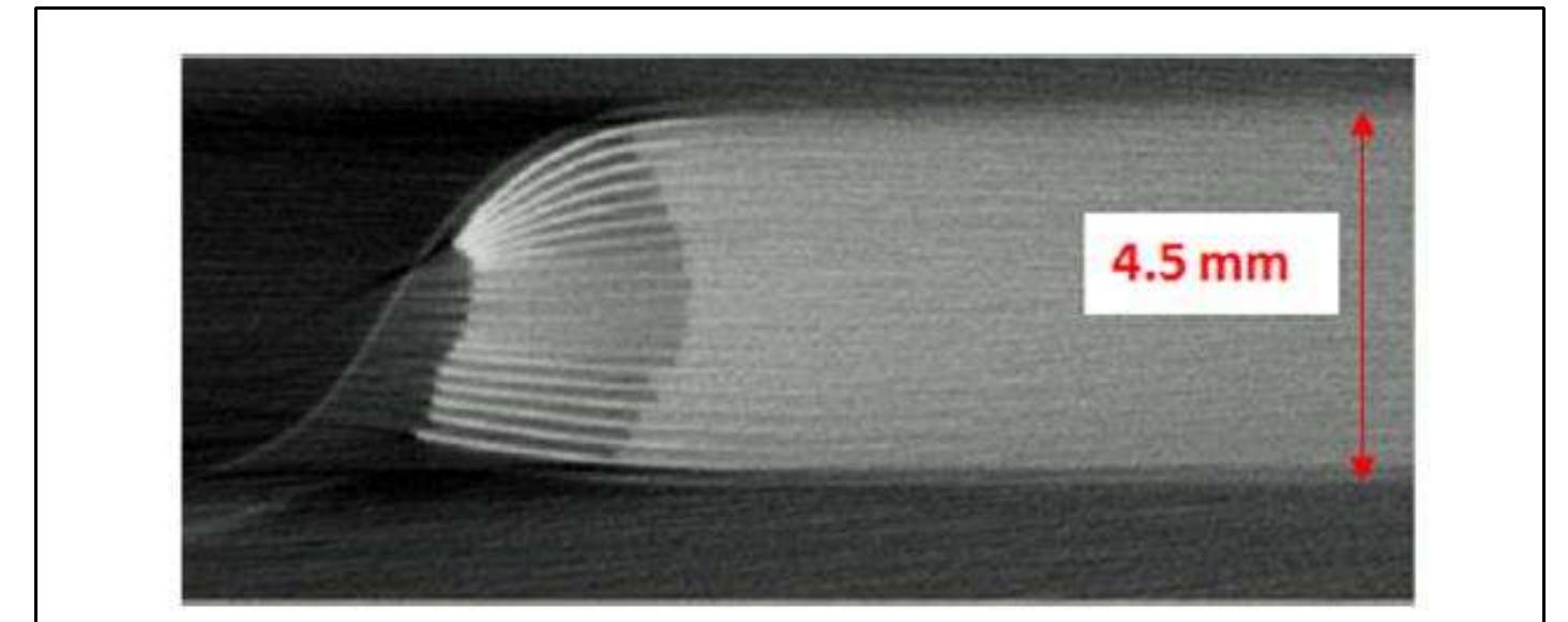 Figure 1. X-ray photo of EiG pouch cell seen at one of the edges.  In the pouch cell, the layers are stacked on top of each other and sealed by an aluminum- polymer bag. The pouch cell is often called a coffee bag cell or a polymer cell. Figure 1 shows an X-ray photo of the EiG pouch cell. The layered structure is clearly visible, where the white- /gray-colored layers are the separator (Figura 63) 