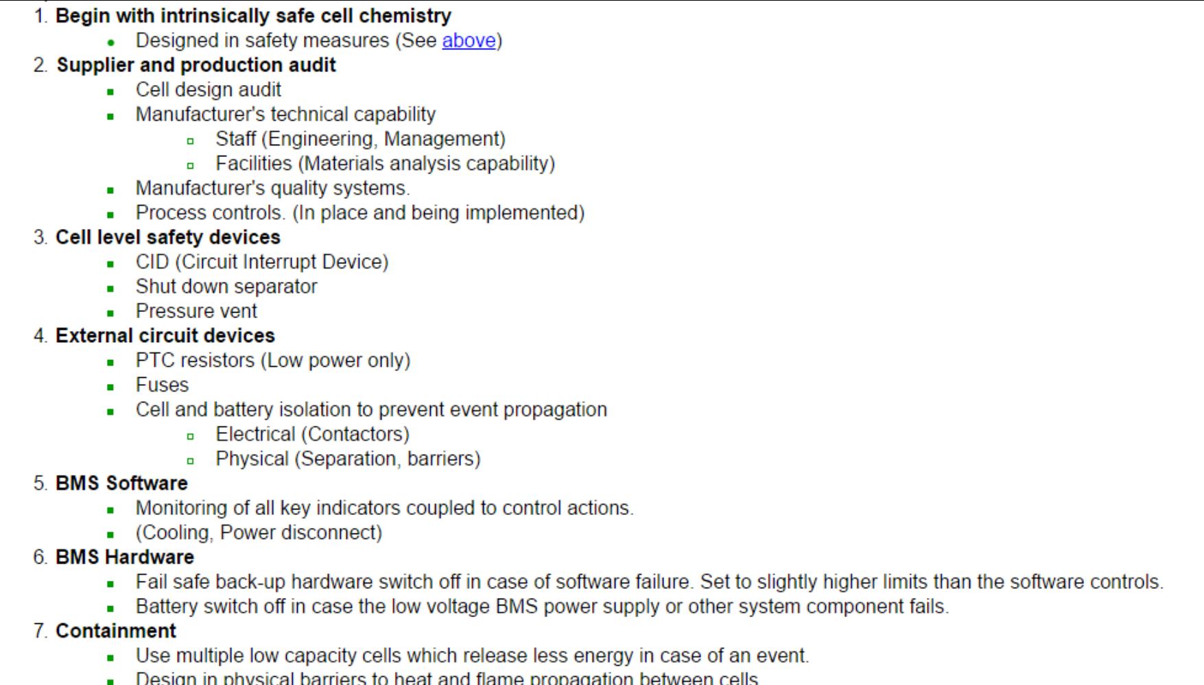 Figura 4. Multi Layer Safety Plan (http://www.mpoweruk.com/safety.htm)  Troviamo l’applicazione di questa “filosofia” in Electropedia [8], dalla quale si estrapola la Figura seguente (Figura 4) é possibile pianificare dispositivi di accumulo piu sicuri, tenendo conto che la sicurezza inizia negli impianti di produzione (ad esempio, dalla purezza dei materiali di partenza) e prosegue attraverso la progettazione delle loro applicazioni (apparecchiature utilizzatrici, sistemi di ricarica, sistemi di accumulo): un approccio alla sicurezza Multi-Layer , che vedremo richiamato e confermato dagli studi analizzati. 
