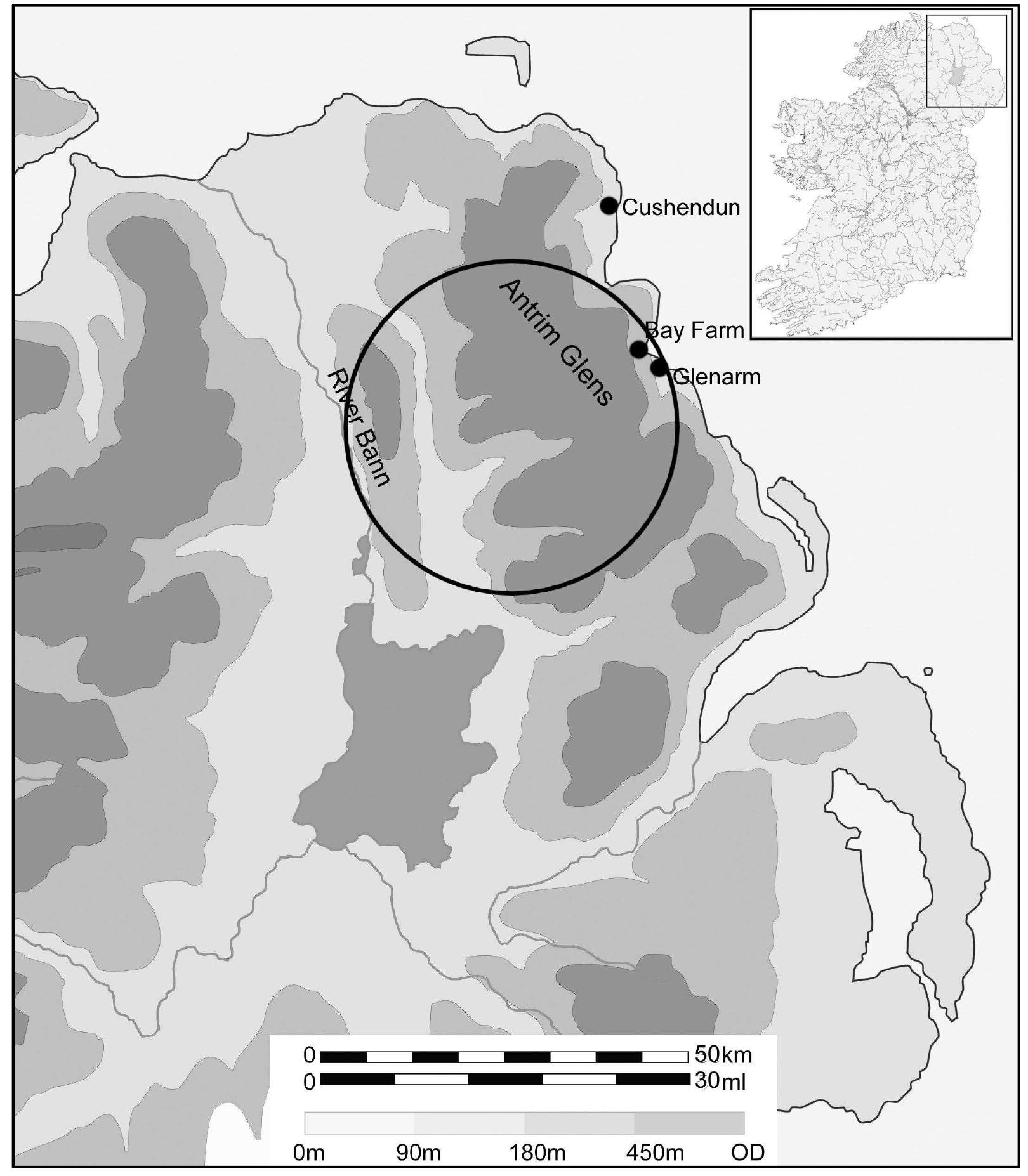 Figure 2. An inferred annual territory based on the movements of flint between the east Antrim coast and the Bann Valley, Northern Ireland  Taking on the final frontier: movement, mobility and social change in early prehistoric Ireland 