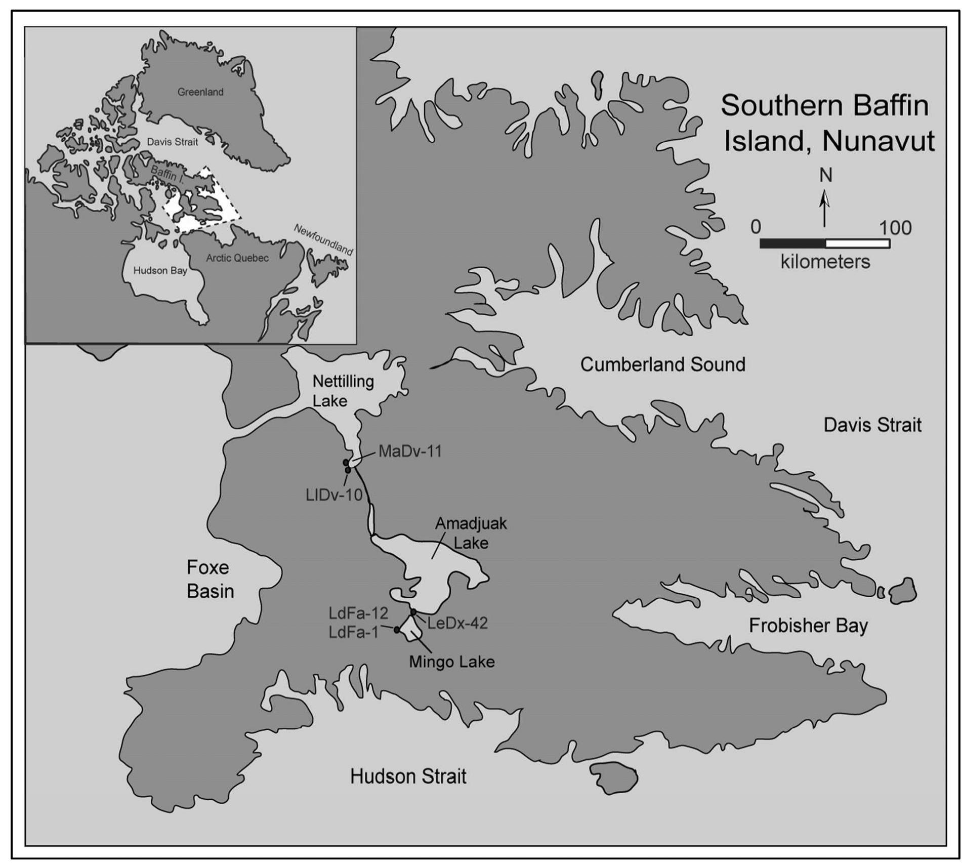Figure 10.Southern Baffin Island and selected Palaeo-Eskimo features and sites The locations of other nearby Palaeo-Eskimo sites are also indicated  Figure 10.Southern Baffin Island and selected Palaeo-Eskimo features and sites 