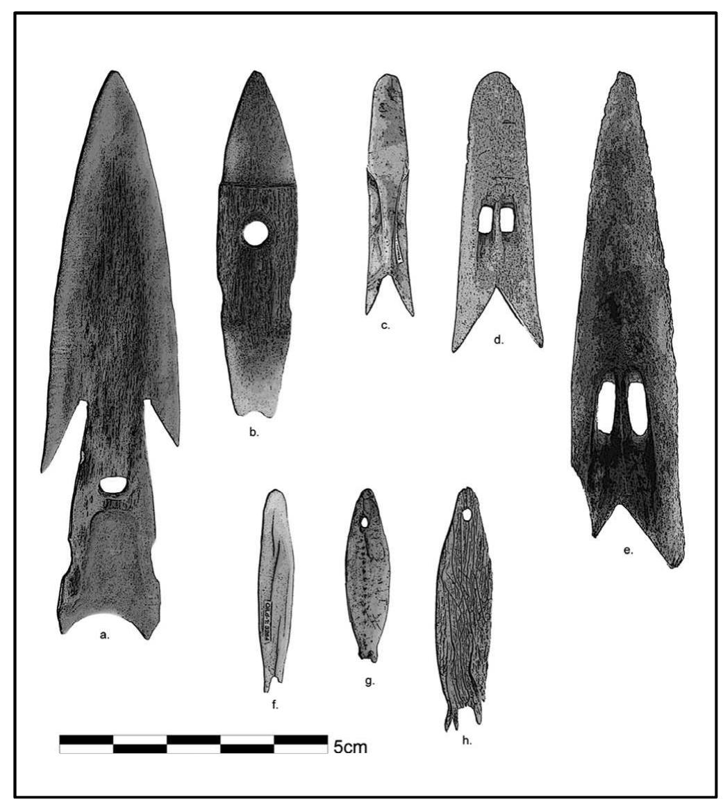 Plate 3. Examples of Palaeo-Eskimo harpoon heads and ornate carvings from sites throughout Nunavut, Canada a, b: Early Palaeo-Eskimo harpoon heads; c, d, e: Late Palaeo-Eskimo harpoon heads; f, g, h: Late Palaeo-Eskimo carvings of seals 