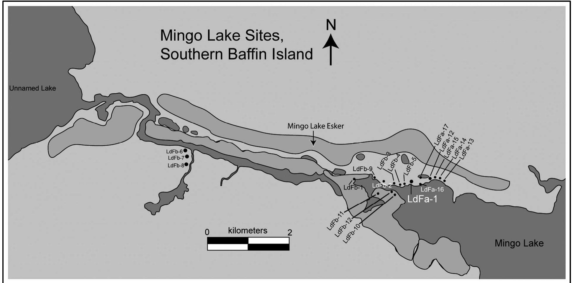 Figure 11. The location of the LdFa-1 site, Mingo Lake, southern Baffin Island The locations of other nearby sites are also indicated 