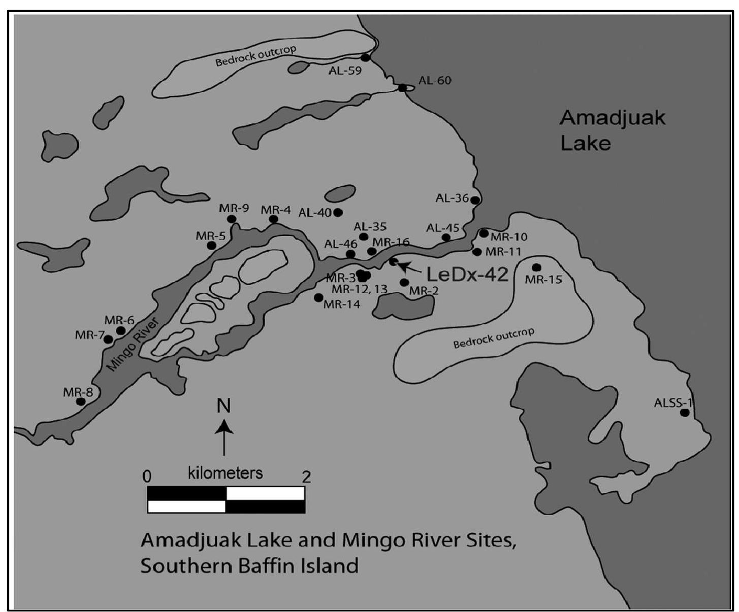 Figure 12. The location of the LeDx-42 site, Mingo River, southern Baffin Island The locations of other nearby sites are also indicated  Figure 12. The location of the LeDx-42 site, Mingo River, southern Baffin Island 