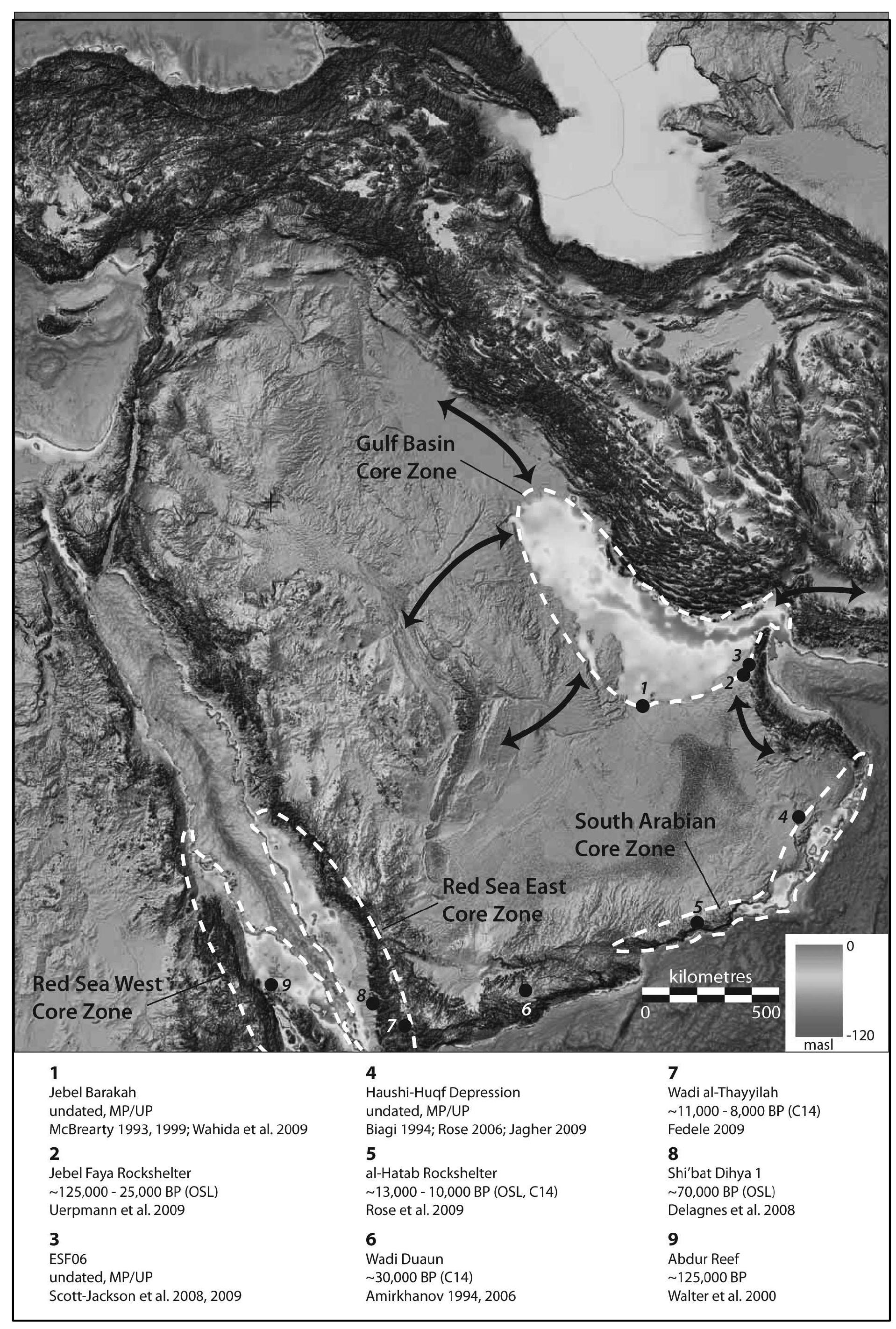 igure 22. The Arabian Peninsula and its littoral zones exposed by reduced sea levels, the proposed environmental refugia, and selected Pleistocene archaeological sites  ING A Cisse see see: OR ol 