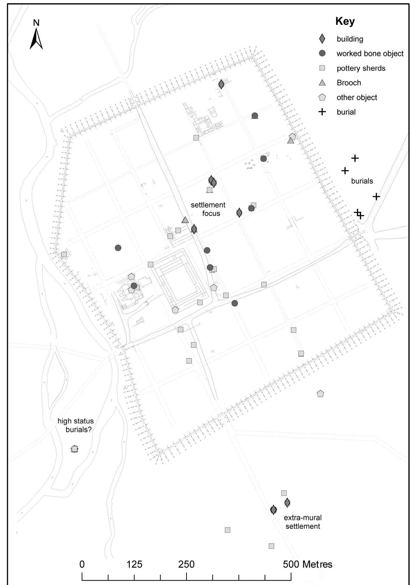 Figure 27. Locations of finds datable to the fifth to seventh century AD in Lincoln  A Life in Ruins: Change and Evolving Town Life in Leicester and Lincoln c. AD 350-700 Gavin Speed 
