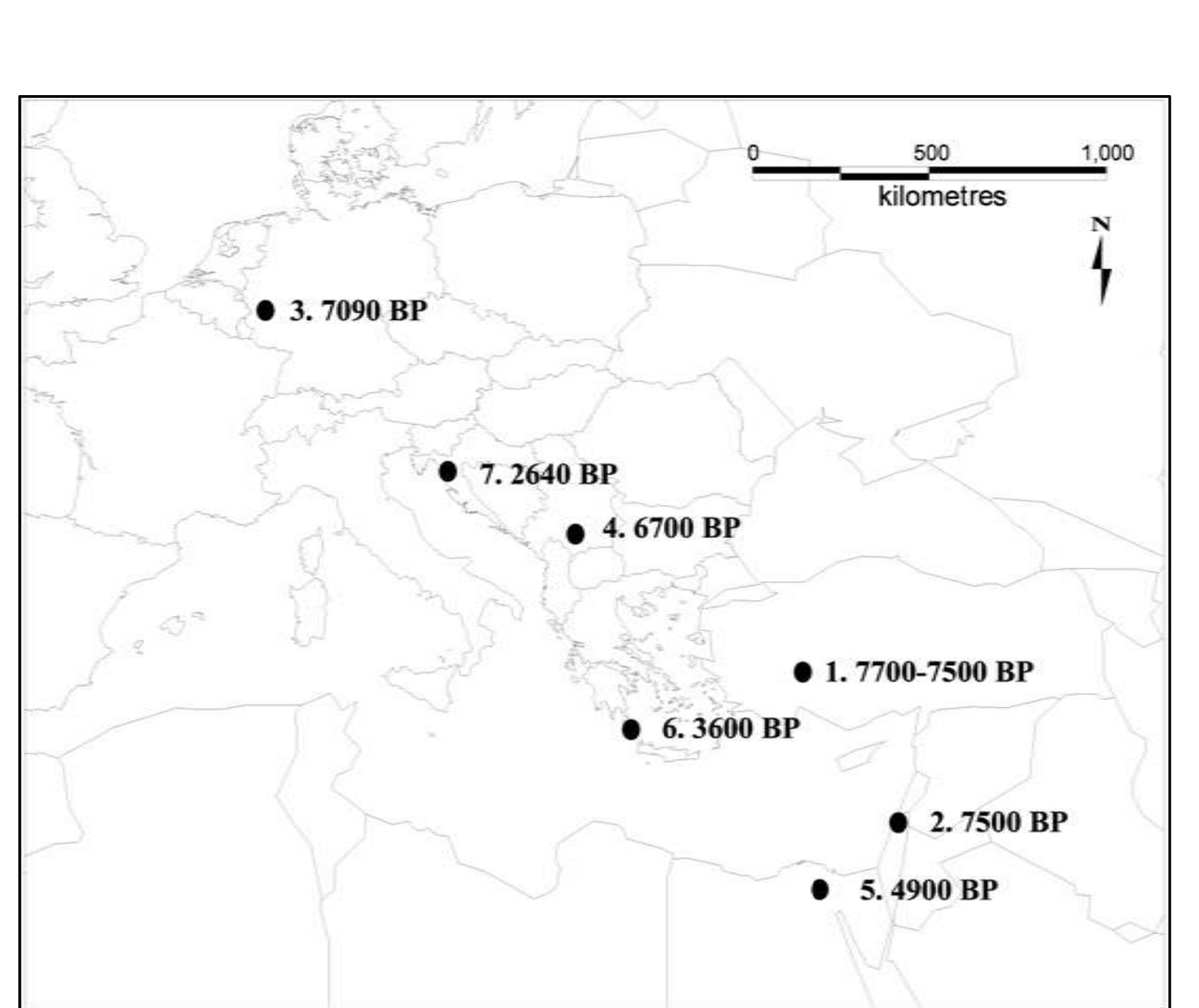 Figure 29. The earliest Neolithic records of Sitophilus granarius in Europe, the Near East, and Africa: a preliminary plot 1. Hacilar, SW Anatolia (Helbaek 1970); 2. Atlit-Yam (Kislev et al 2004); 3. Jiilicher Bérde in Erkelenz Kiickhoven, Germany (Schmidt pers. comm.); 4. Servia (Hubbard 1979); 5. Zozer’s Tomb Saqqarah, Egypt (Solomon 1965); 6. Akrotiri, Santorini (Panagiotakapulu and Buckland 1991; Panagiotakapulu 2000); 7. Okruglo, Croatia (Smith et al. 2006) 