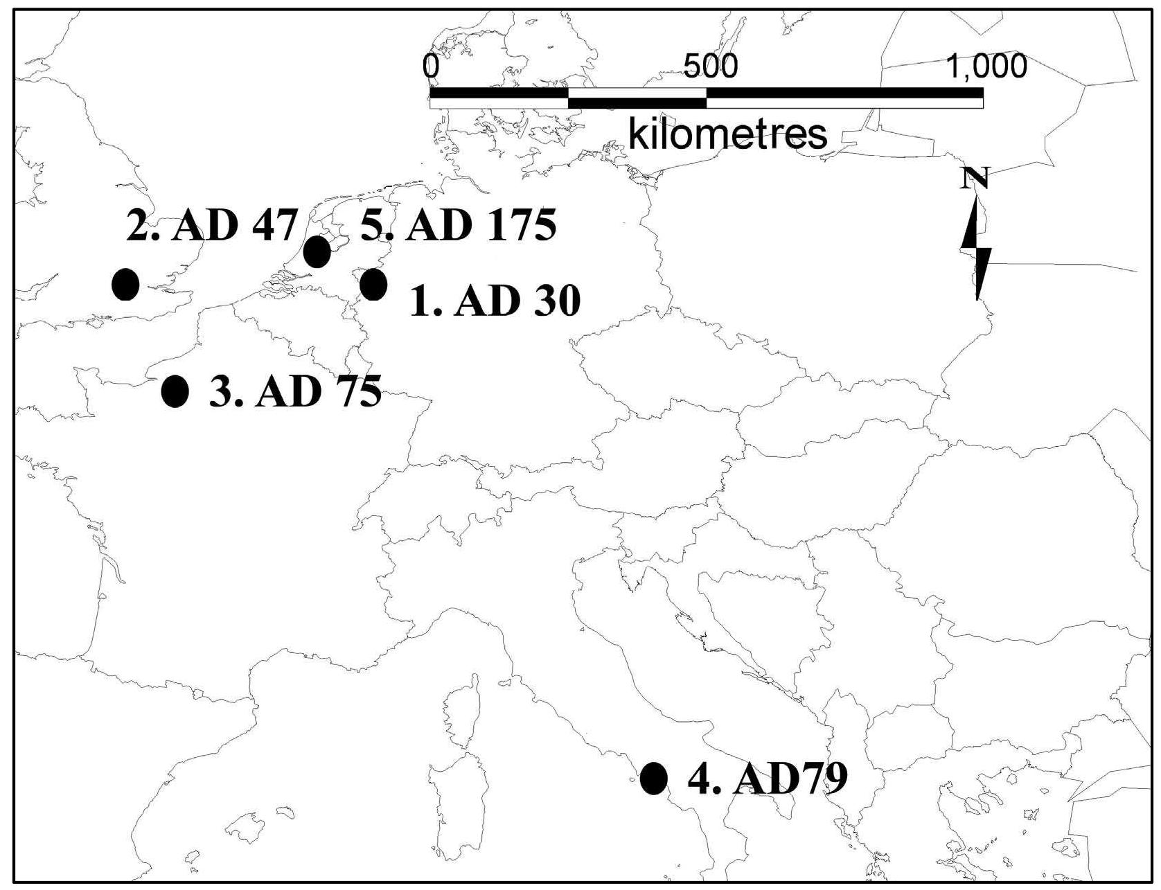 Figure 30. The Earliest Roman Records of Sitophilus granarius: A Pilot Survey of the European Evidence . Neuss (Novaesium), Germany (Cymorek and Koch 1969); 2. Poultry, London (Smith 2011); 3. Touffréville Calvados, Franc« Ponel et al. 2000); 4. Ercolano (Herculaneum), Italy (Monte 1956); 5. Woerden (Laurium) Fort (Pals and Hakbijl 1992) 