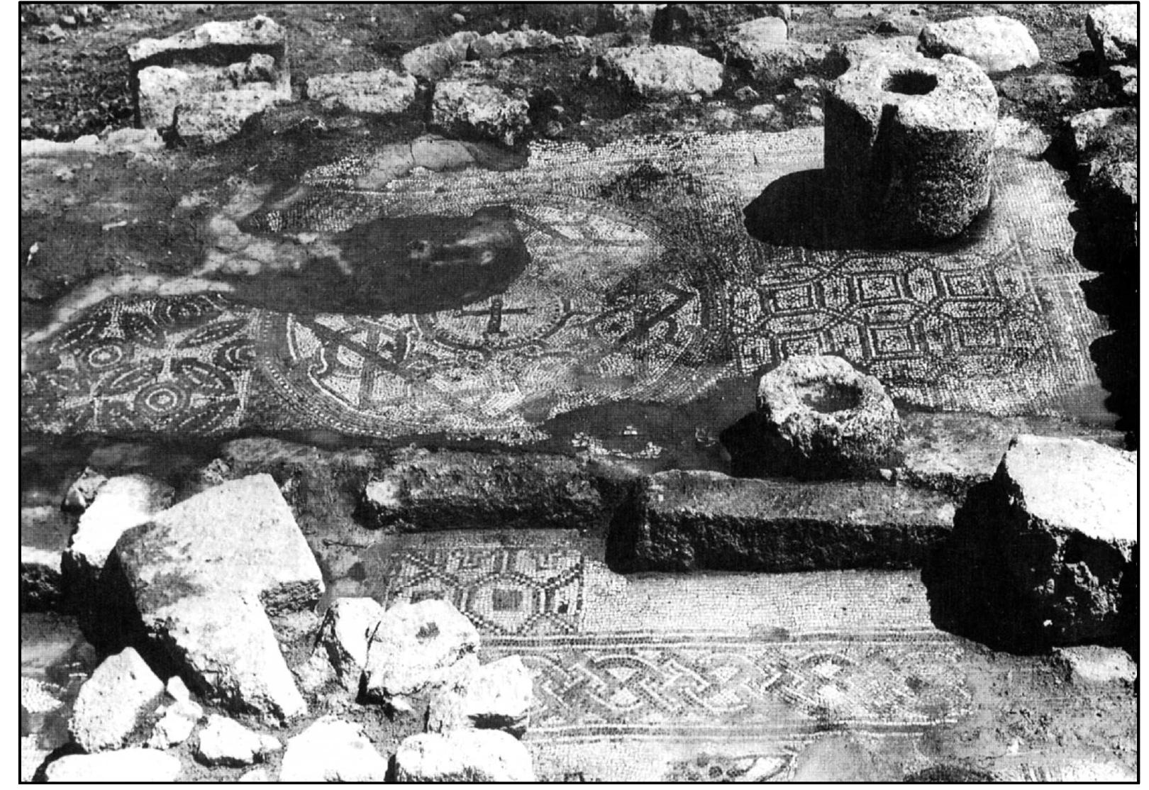Plate 13. MevoModi‘im: late oil press installations built over the chapel's mosaic floor (after Eisenbeg and Ovadiah 1998, Figure 4; courtesy of the Israel Antiquities Authority) 