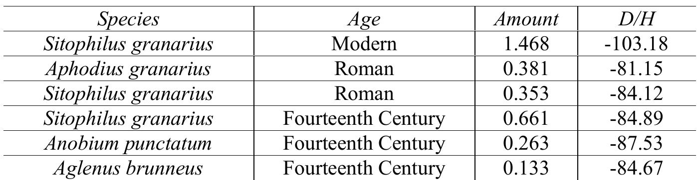 Table 14. Hydrogen Isotope Data for Beetles from Northern England  local environment for the 14" century, the case of the Roman Aphodiusgranarius, a species ecologically associated with dung, most commonly of domestic animals, and decomposing vegetable matter (Jessop 1986), is less clear cut. Although domestic animals like cattle would have had a diet largely consisting of local vegetation, it is likely that cereals would have served as a supplement. Without the isotopic value of a species known to have fed solely on the local vegetation, it is impossible to determine whether the Roman Aphodius granarius is representative of the local signal or imported. To better ascertain the cereal trade situation during the third century, species that more accurately represent the isotopic signal for the local environment should be analysed in the future and multiple species should be tested where possible to substantiate the findings. As the biogeographical studies suggest that the granary weevil was introduced to Britain in the first century AD, isotopic investigations need be conducted on specimens from Coney Street, York and Poultry, London for comparative analysis.   Moya et al 2004; Smith and Farrell 2005). Given the recent successful recovery of mitochondrial DNA in archaeological granary weevils from Roman and medieval waterlogged sites (King et al 2009), phylogeography may be employed in future studies. 