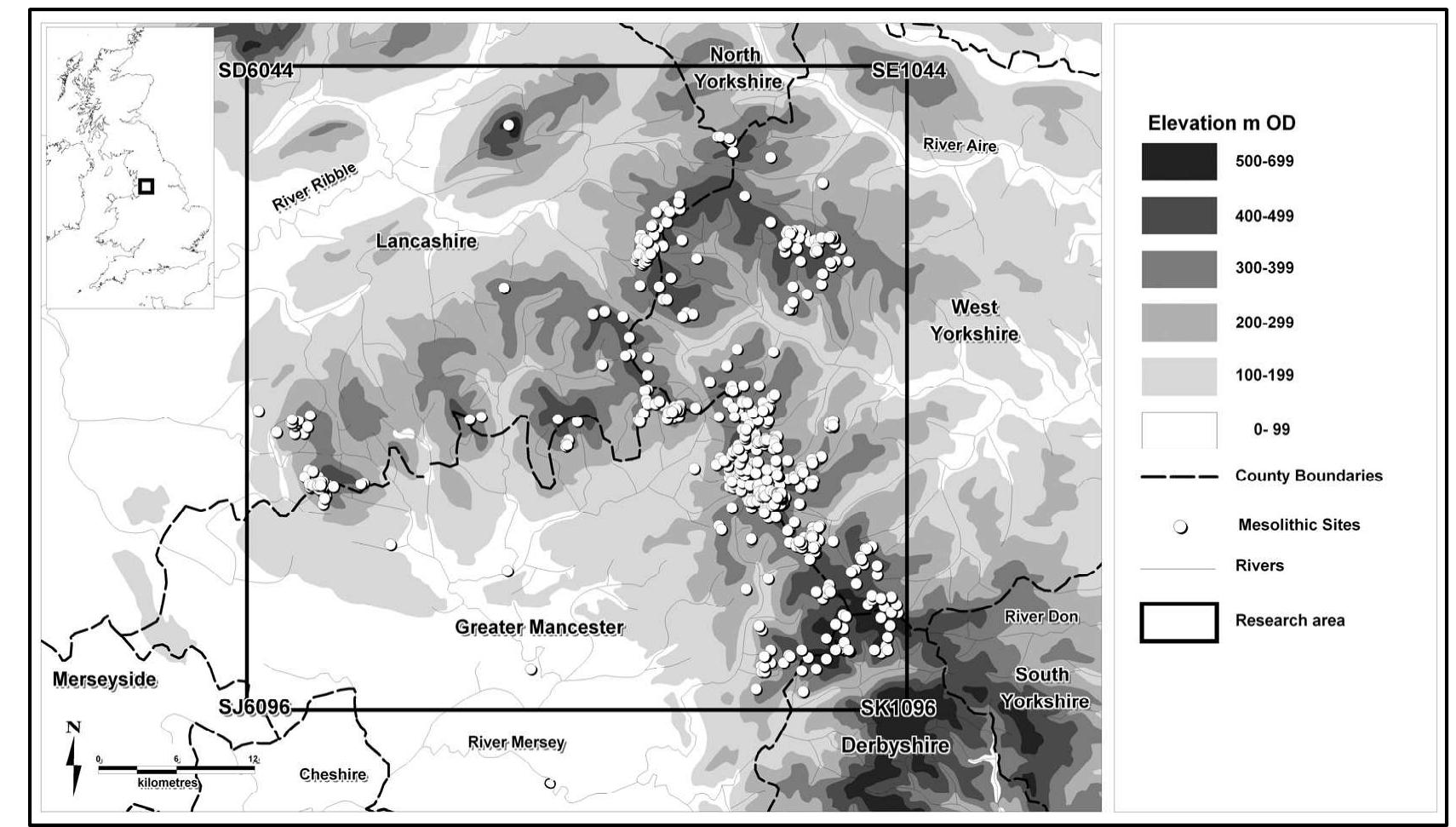 i tpt Re Je REID N-UEEUE GE FE UREEEEEIN YG GEEU LYEUVOUTIUEEEN OLED The situation of the Central Pennines is illustrated in relation to the county boundaries. In addition, all 802 Mesolithic sites recorded by Preston (2011) are shown. The black square depicts the research area and it has the Ordnance Survey grid references shown at each comer. (After Preston 2011, Fig. 1.2) 