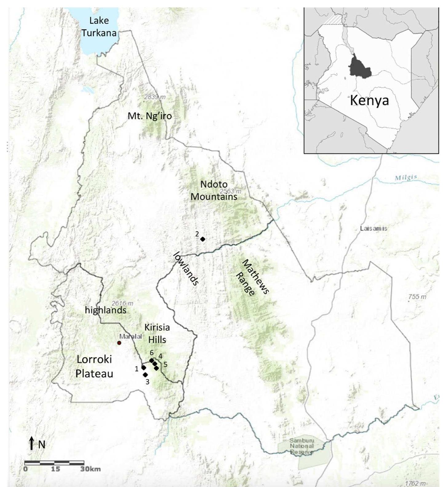 Fig. 1 Map of Samburu County, Kenya, with provenience of sampled sherds labelled (1) Naiborkeju Hill; (2) near Latakweny, lowlands; (3) Mbaringon Group Ranch, Lorroki Plateau; (4) Kikwal Rockshelter, Kirisia Hills; (5) Reprep Rockshelter, Kirisia Hills; (6) Lolmarguet Rockshelter, Kirisia Hills 