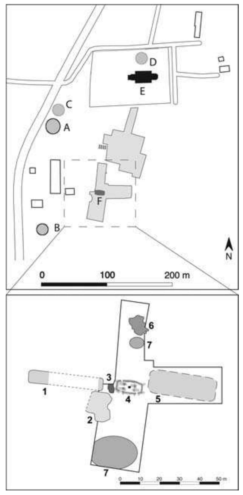 Figure 2. Above: The excavation areas within Uppakra during the field campaigns 2001-2004 (grey shading). A-B: mounds; C-D: destroyed mounds; E: present church; F: the special building. Below: The location of features around the cultic building. 1: house partly excavated in 1934 and in 2006; 2: stone paving; 3: concentration of fire-cracked stones and bones; 4: the house sequences; 5: area with several long- houses; 6: concentrations of weapons; 7: sparse distribution of weapons