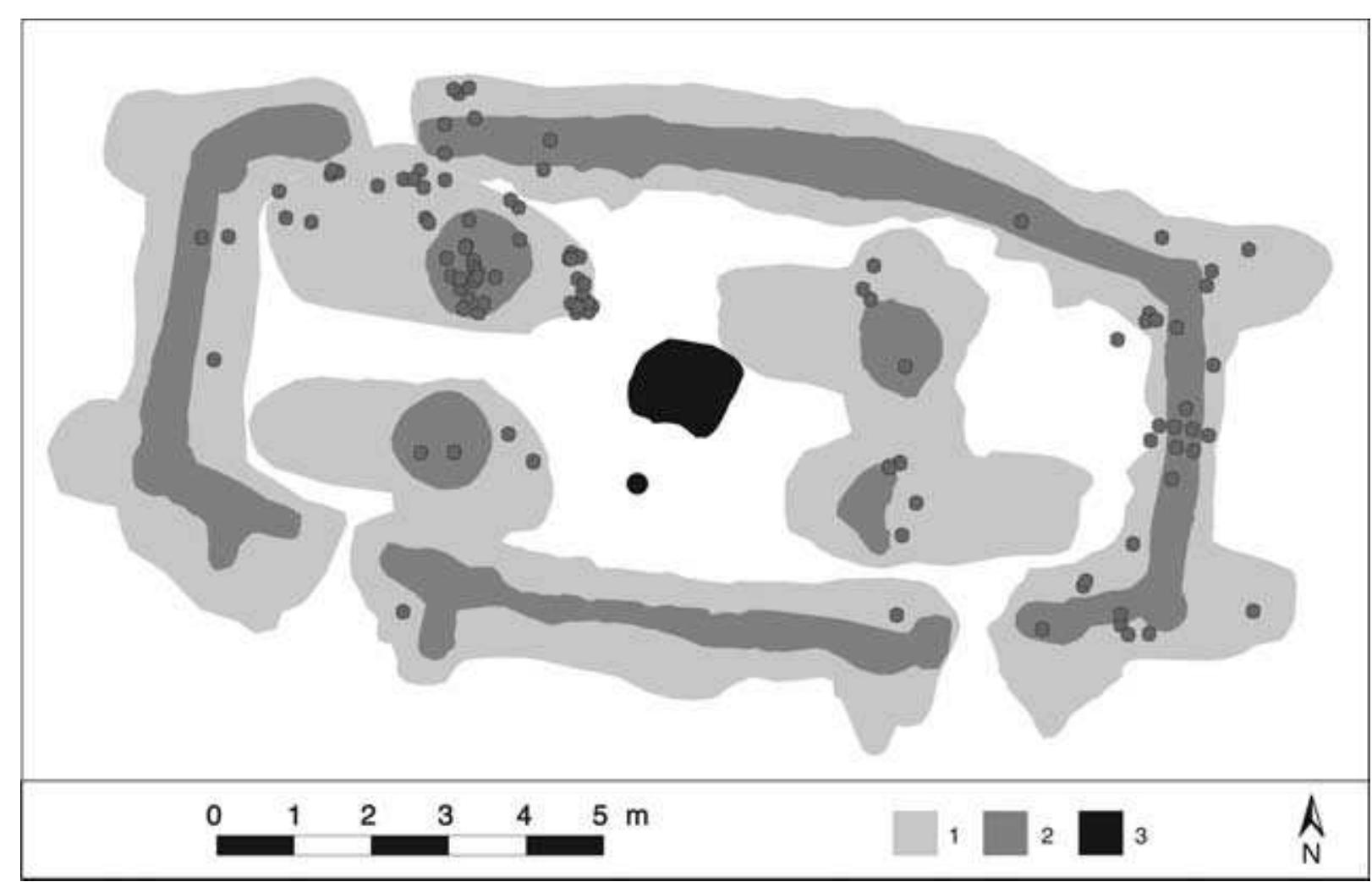 Figure 3. Plan of the special building. 1: pits; 2: roof-supporting posts and walls; 3: fireplace. The ritual deposition of a beaker made of bronze and silver as well as a glass bowl is marked by a black dot. The grey dots mark the positions of the gold-foil figures. This plan is a combination of the last phase of the building — the post-holes and the wall-trenches, while the floor has been ploughed away. The remaining inner part of the house with the fireplace belong to the second-last stage.