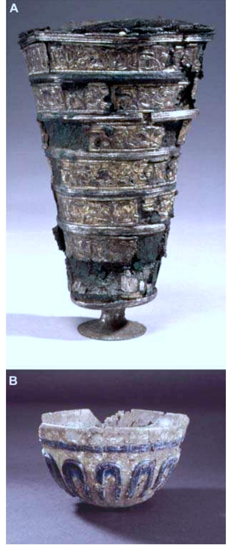 Figure 5. A: A beaker (height 168mm) made of bronze and silver with embossed gold bands with figurative representations of humans, snakes and horses. It dates to about 500 AD and is a Scandinavian product (photograph by B. Almgren). B: A glass bowl (height 97mm) made in two layers of glass, a colourless transparent under-layer and a cobalt blue overlay cut so that bands form a rosette with petals encircling the body. Probably made in the area close to the Black Sea and dated to the sixth century (photograph by B. Almgren).
