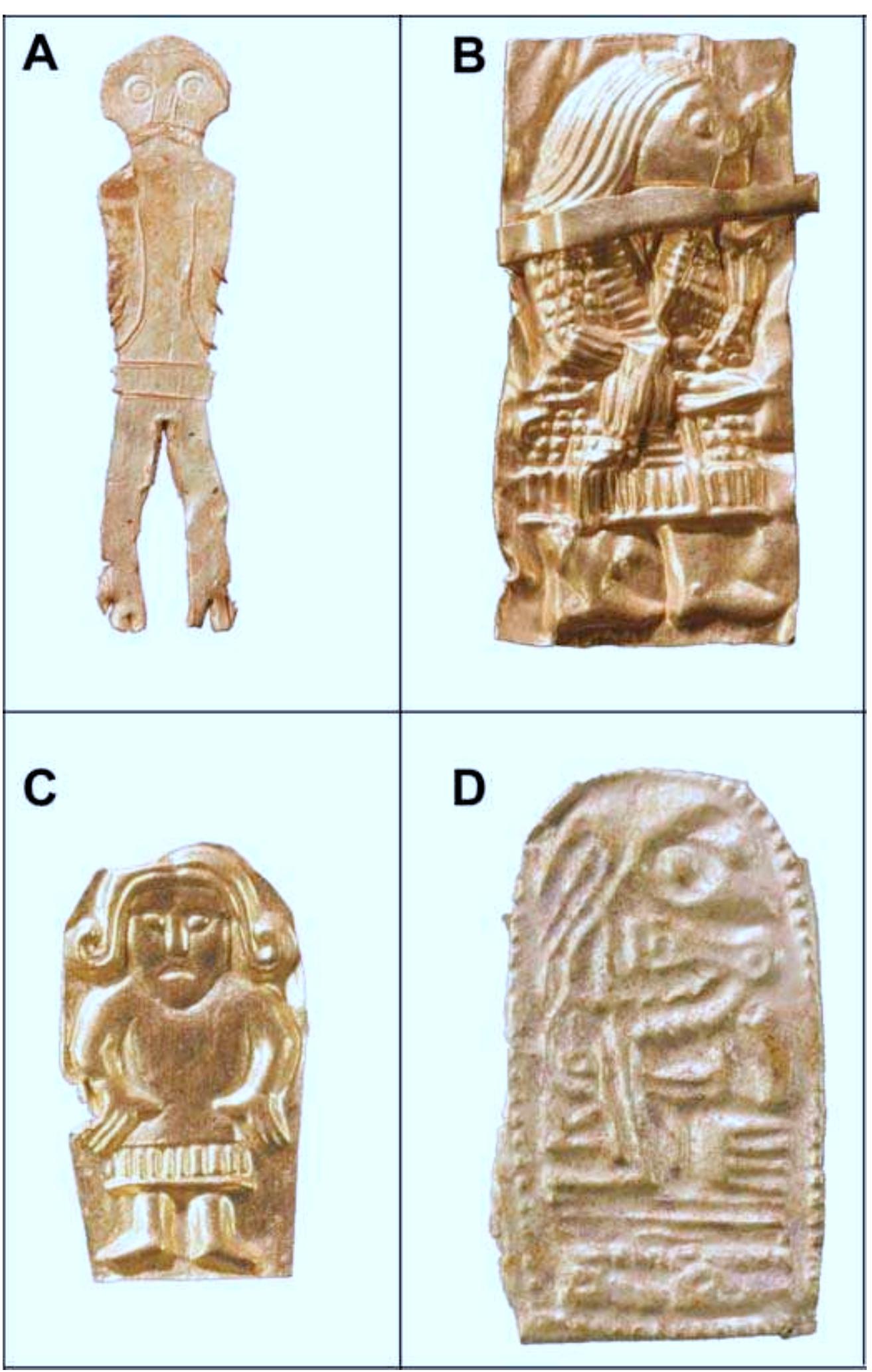 Figure 6. Gold-foil figures. A-C: male representations. D: female representation. Heights: A: 24mm; B: 21mm; C. 14mm; D: 22mm (photograph by B. Almgren).
