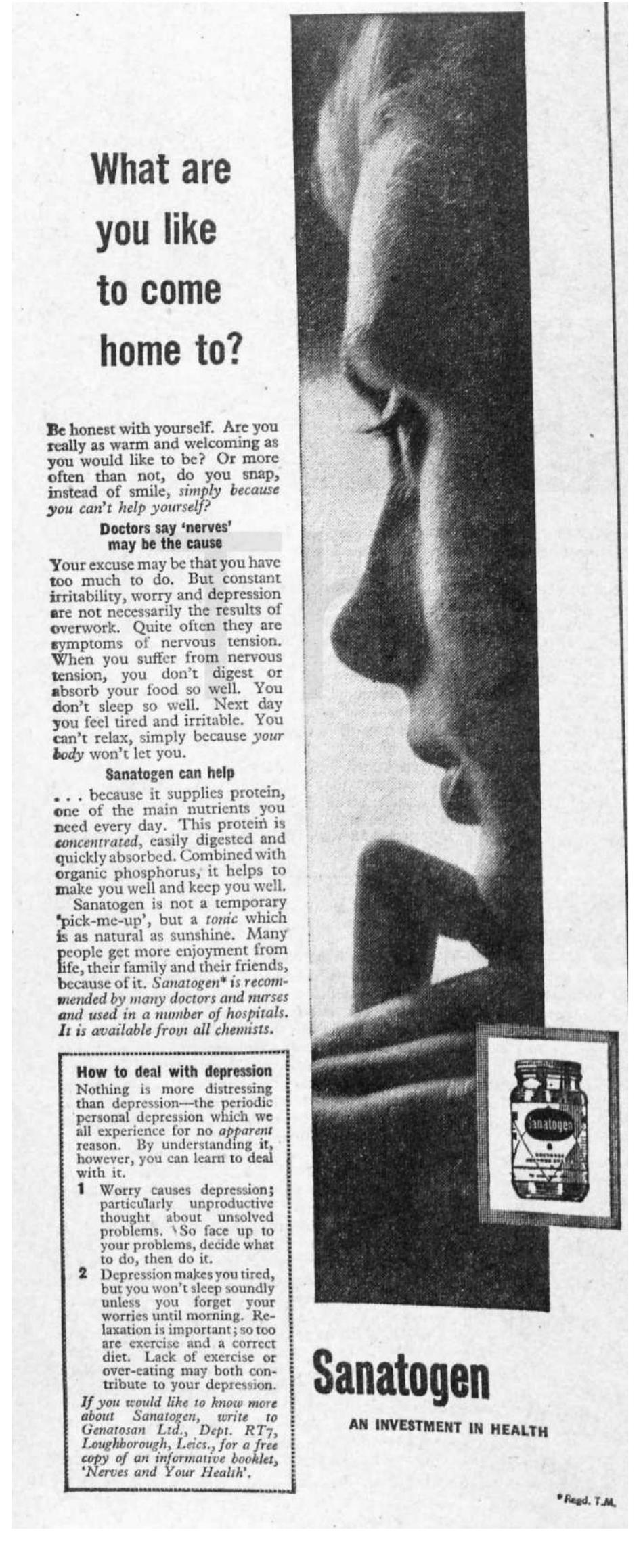 Fig. 2. Advertisements, Radio Times, 4 Oct. 1957, 9; 1 Nov. 1957, 10.  problems seriously (and promised to solve them) while reinforcing the period’s sex/gender system:  In a boxed insert, the advertisement explained “How to deal with depression” and encouraged self-help: 