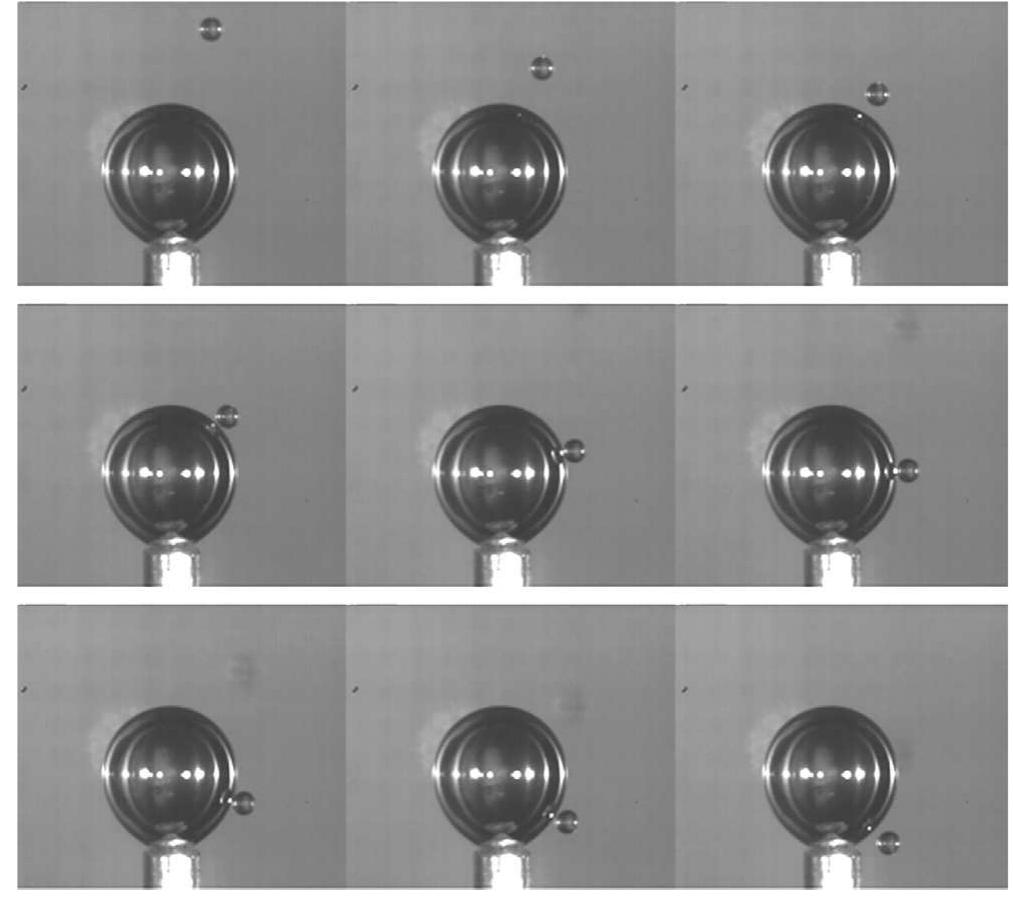 Fig. 4. Direct observations of bubble-particle collision interactions. Each image was taken after 40 ms (Brabcova et al., 2015).  In the case of the direct methods, a swarm of particles or a particle falling on a captive bubble was utilized (Schulze and Gottschalk, 1981; Nguyen and Kmet, 1992; Wang et al., 2003; Verrelli et al., 2012; Verrelli and Albijanic, 2015; Brabcova et al., 2015). The particle tra- jectories around the bubble were recorded using a high-speed camera. The typical particle-bubble encounter interactions are shown in Fig. 4. Direct observations showed that the particle trajectories particularly depend on the distance of particles from a bubble, particle density and bubble surface mobility (Schulze and Gottschalk, 1981; Nguyen and Schulze, 2004; Brabcova et al., 2015). For example, the particle tra- jectory in the vicinity of a bubble did not follow a straight-line path due to the decrease in the water velocity around the bubble. The deviation 