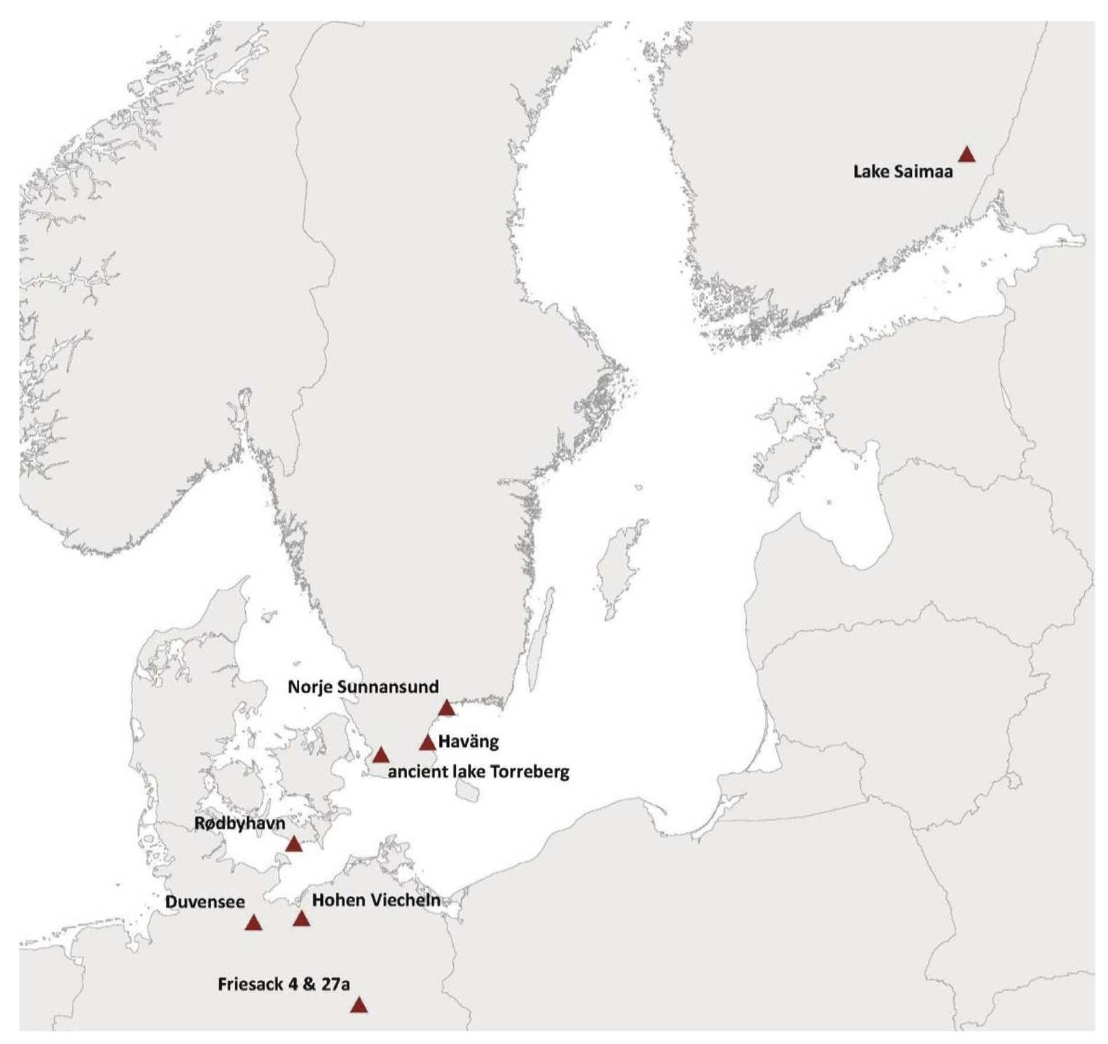 Fig. 1. Location of discussed sites in modern Europe (base map: © EuroGeographics for the administrative boundaries).  There is a long-living notion of favourable weather conditions during the Mesolithic in central and northern Europe associated with the pronounced rapid warming during the early Holocene. Nevertheless, over the past decades, a growing number of palae- oenvironmental records have testified a higher than assumed cli- matic variability during the early Holocene in the area. Evidence has been found in ice cores (e.g. Alley et al., 1997; Thomas et al., 2007), marine sediments (e.g. Bond et al., 1997, 2001), glacier dy- namics (e.g. Matthews et al., 2000; Seierstad et al., 2002), lake sediments (e.g. Bjorck et al., 1997; Boettger et al., 2009; Magny et al., 2007; Prasad et al., 2007; Von Grafenstein et al., 1998; Zolitschka and Negendank, 1998), tree rings (e.g. Spurk et al.,  The present study aims to give an overview of recent advances in the archaeology of the Baltic Sea basin and adjacent areas (Fig. 1). We pursue to present an interdisciplinary approach by bringing 