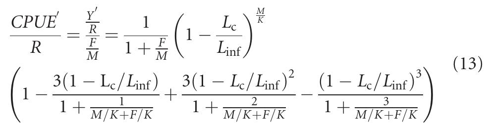 The relative biomass in the exploited phase of the population if no fishing takes place is given by:  fishing mortality F is directly proportional to fishing effort. Since CPUE is proportional to biomass in the exploited phase of the stock, Equation (13) represents relative CPUE’/R as well as an index of exploited biomass per recruit B’/R (Beverton and Holt, 1966): 