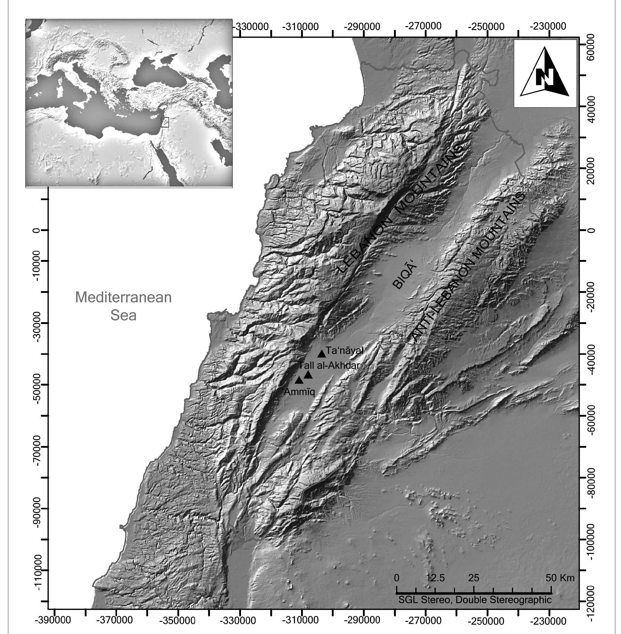 Fig. 1- Map of Lebanon showing the Biqa‘ valley and the localities related to the wetlands (drawing by G. Abou Diwan).  Roman colony of Berytus and its territorial extension in northern Biqa‘) and eventually led to erroneous administrative reconstructions. In the present study, we establish a new predictive model of these wetlands and revisit the territorial partition of the Biqa‘ in the Roman period.  administrative reconstructions. In the present study,  the presence of these wetlands has been insufficiently 