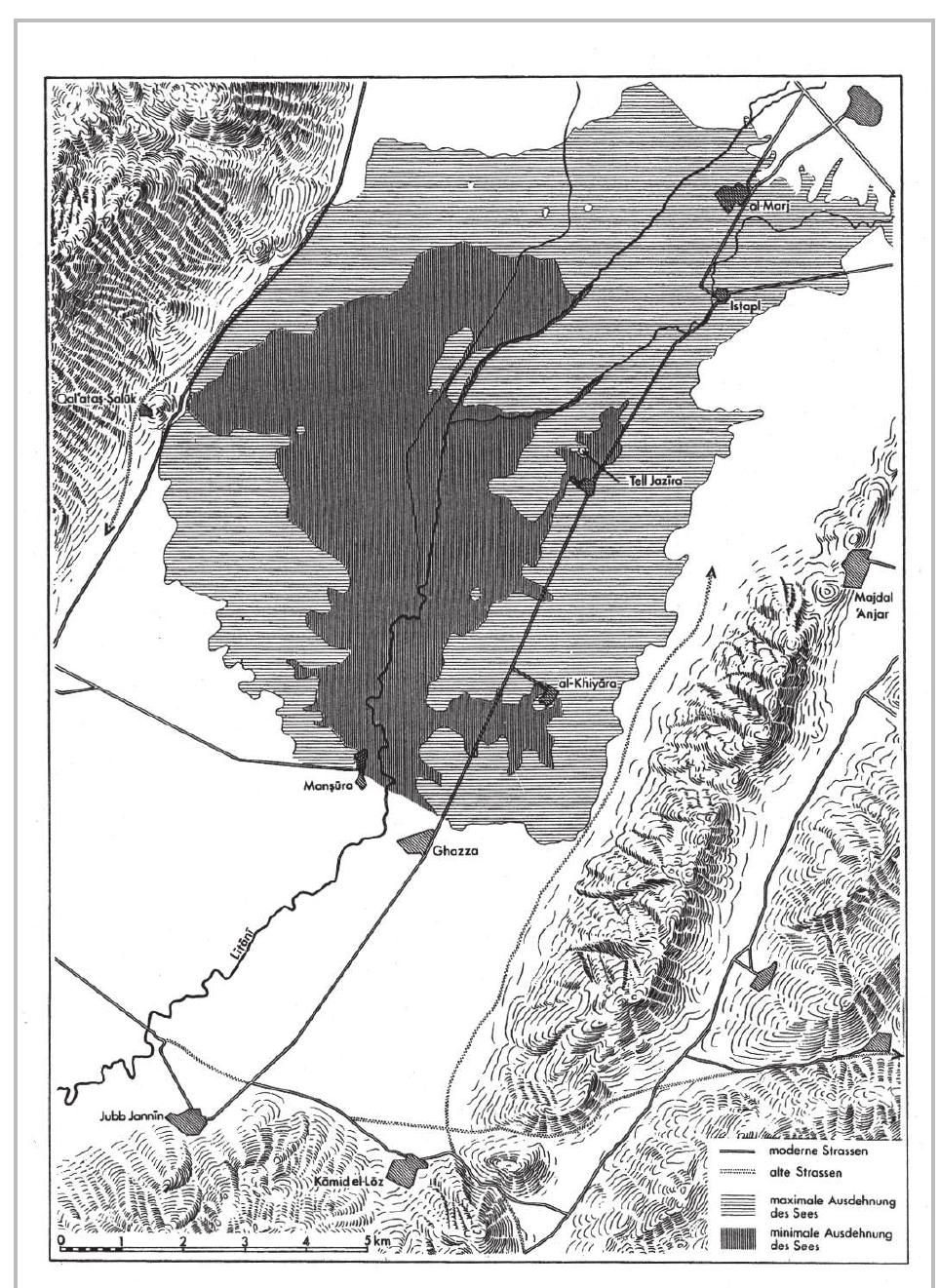 Fig. 5- The levels of expanse of the wetlands as established by the German archaeological survey in central Biqa‘ (Hachmann 1970, 49, fig. 9). 