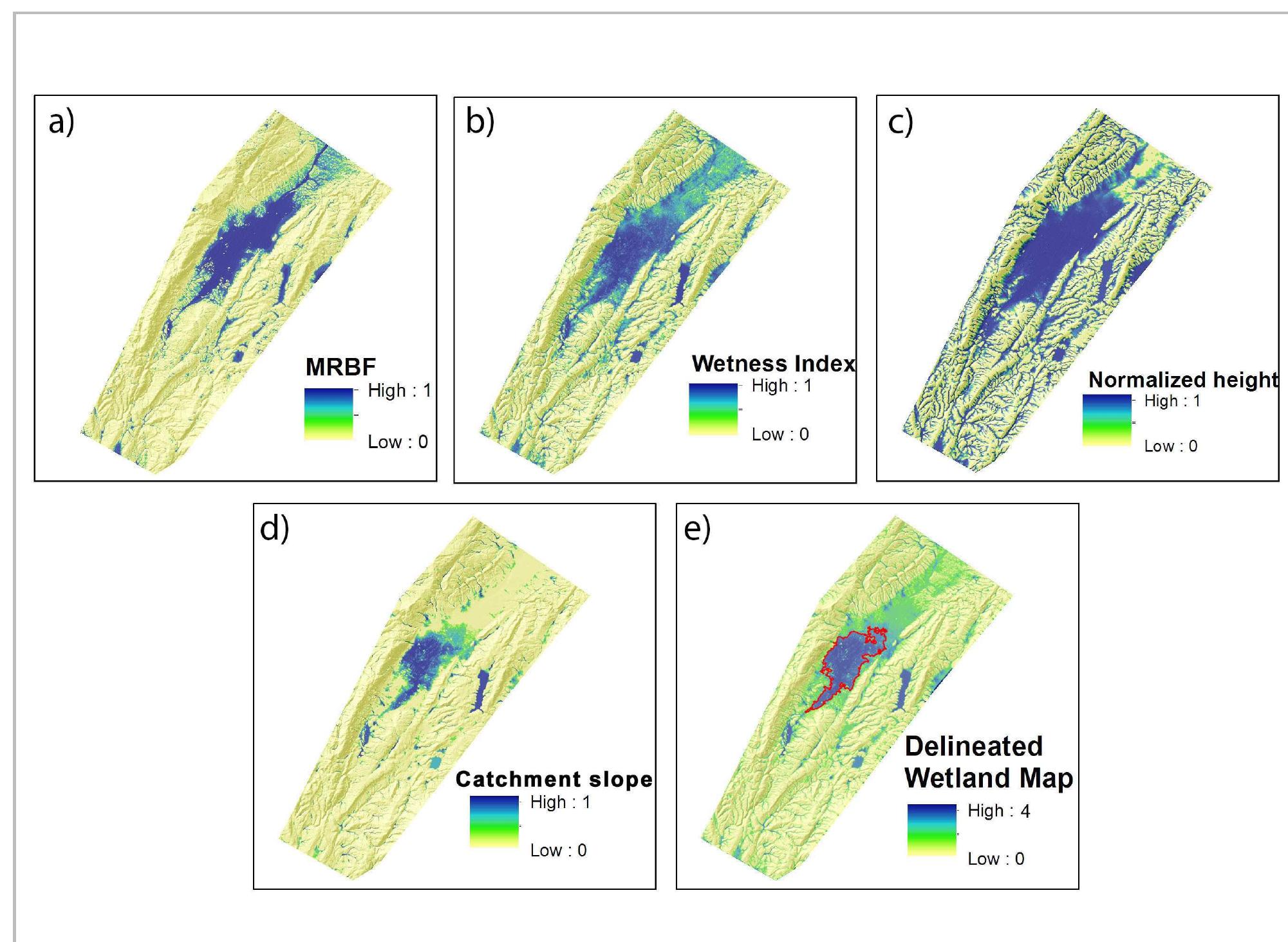 Fig. 11- Derived topographic indices used in wetlands delineation: a) Multi-resolution Valley Bottom Flatness (MrVBF); b) Wetness Index (TWI); c) Normalized Height (NH); d) Catchment Slope (CS); e) delineated wetlands map (drawing by J. Doumit). 
