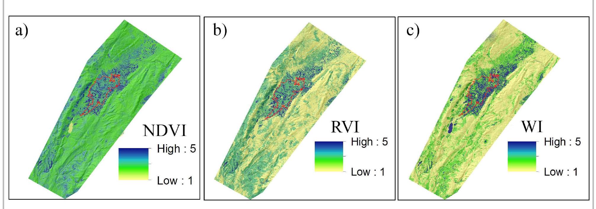 Fig. 12- Derived vegetation indices used in the wetlands predictive model validation: a) Normalized Difference Vegetation Index (NDVI); b) Ratio Vegetation Index (RVI); c) Wetness Index (WI) (drawing by J. Doumit). 