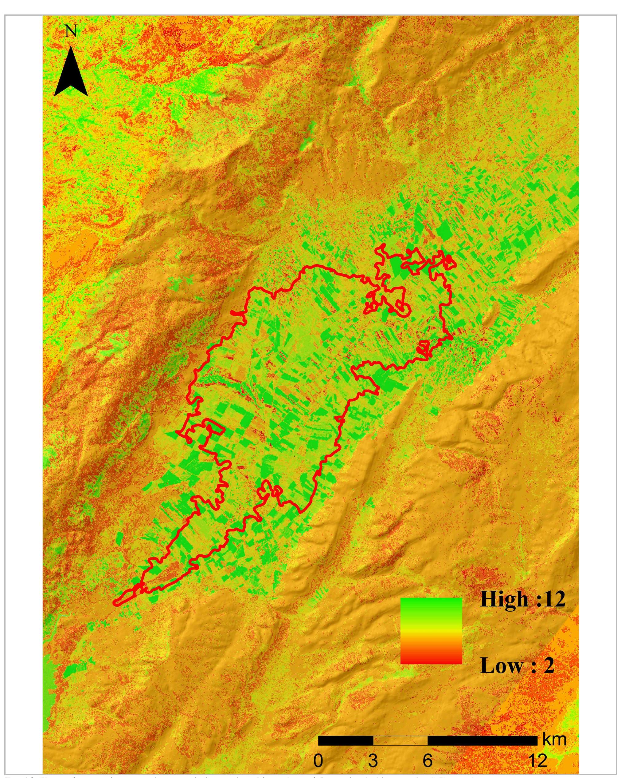 Fig. 13- Derived wet and vegetated map with the predicted boundary of the wetlands (drawing by J. Doumit). 