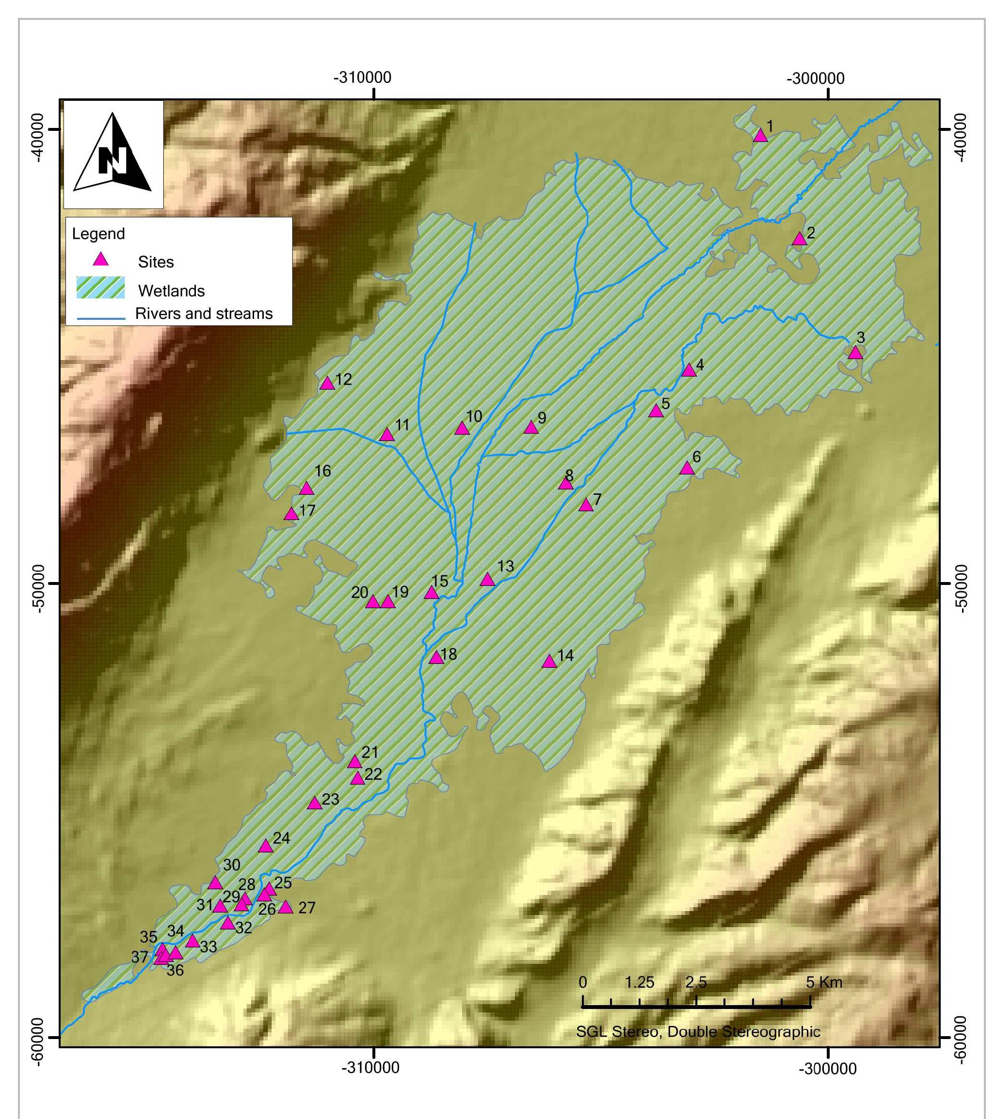 Fig. 14- Map showing the geographic configuration of archaeological sites inside the wetlands: 1, Tall al-Madjdib; 2, Tall Barr Ilyas; 3, Tall Dayr Zaynan I; 4, Tall al-Istabl; 5, Tall al-Chaykh Hassan; 6, Tallal-Domli; 7, Tall Hawch al-Haritmah; 8, Tall al-Jaztrah; 9, Tall al-Waqf; 10, Tall al-Akhdar I; 11, al-Kasayir (‘Ammig II); 12, Tall al-Kardan; 13, Tall al-Aswad; 14, Tall al-Khiyarah; 15, Shabarqryat ‘Ammigq; 16, al-Biyarah; 17, Hawch al Sa‘lak; 18, al-Chabargqah; 19, al-Zanbut I; 20, al-Zanbiat II; 21, Haq! al-Mansirah; 22, Sdagqiat al-Khalli; 23, Sahm al-Baz; 24, Sahm al-Shawk; 25, al-Ftah I; 26, al-Ftah II; 27, Sahm al-Baydar; 28, Tall al-Jisr I; 29, Tall al-Jisr II; 30, al-Birkah; 31, Tall al-Kharayib; 32, Jirat al- Mamnlah; 33, al- Ranjusstya; 34, Jub Jannin II; 35, Tall al-dhar I; 36, Tall al-dhar II; 37, Tall Haq! al-Khirbah. 