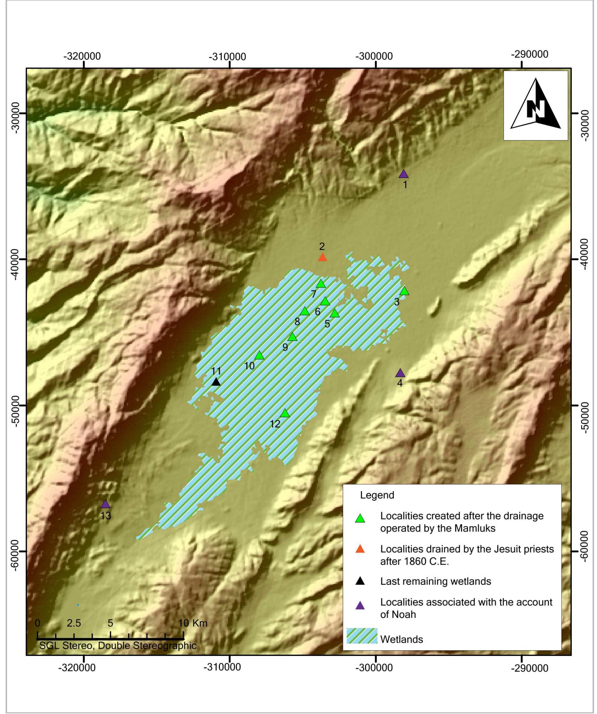 Fig. 15- Map showing the predictive model of the wetlands boundaries and the different localities associated with it: 1, Karak Nah; 2, Ta‘nayal; 3, al-Sa‘adah; 4, ‘Anjar; 5, al-Marj; 6, al-Sa‘dtyah; 7, al-Sa‘tdryat; 8, al-Nasirtyyah; 9, Ard al-Nasirtyyah; 10, Tall al-Akhdar; 11, ‘Ammigq; 12, Sa‘tdah; 13, Kirbah Qanafar (drawing G. Abou Diwan). 