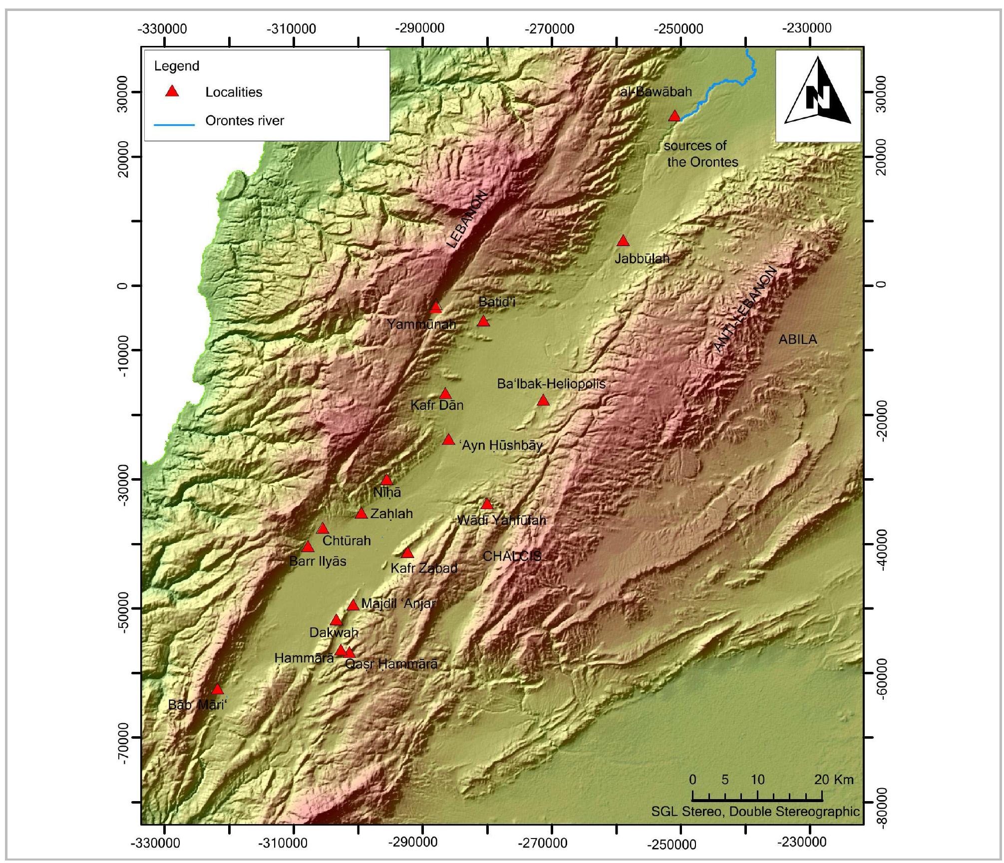 Fig. 16- Map showing the Biga‘ valley and the localities mentioned by Rey-Coquais, Ghadban and Sommer in their attempt at establishing the borders of Berytus and Ba‘lbak-Heliopolis (drawing by G. Abou Diwan).  The extension of the territory of Sidon in southern 3iqa‘ and the Hermon range is highlighted for the  Biqa‘ and the Hermon range is highlighted for the  first time by Jones. The author argues that the village of Rakhlah located on the eastern slopes of Mount Hermon was a see in the ecclesiastical province of Tyre during the Byzantine Period in the province of Phoenicia Maritima and belonged subsequently to Sidon*®. Alt confirms Jones’s assumption by conducting a thorough study on the administrative status of the Hermon during the Roman and Byzantine periods and the borders between the provinces of Phoenicia Maritima and Phoenicia Libanesis. The author argues that the paleography of our dated inscriptions found in the localities of Rakhlah (year 379, 394, 404, 528) 