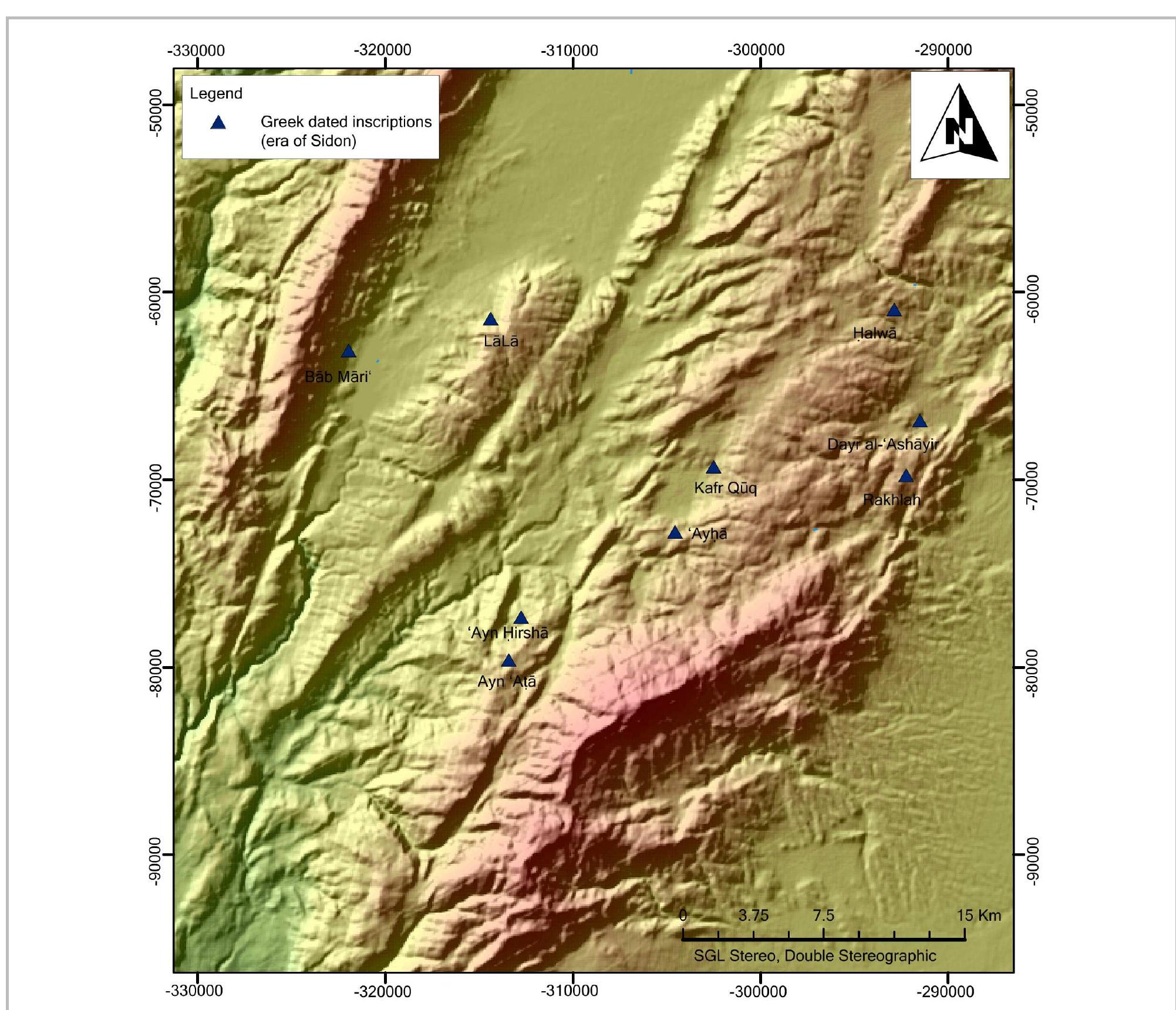 of Berytus during this period’?. One should not imply from the above that the inhabitants of the Roman colony of Berytus in the Biqa‘ consisted exclusively of Roman settlers, since the use of the Seleucid era in 11 Greek dated inscriptions found in the localities of Sir‘tn, Baday, Niha, Yamminah, Ba‘lbak and Nabha ranging between the first and six centuries C.E. clearly indicates the existence of a local population that had been using the Seleucid calendar for at least two centuries”. On a different note, if we subscribe to the latest assumptions of Rey-Coquais and Ghadban in which both authors acknowledge Ba ‘lbak-Heliopolis and northern Biqa‘ as dependencies of Berytus during   to a narrow coastal strip that does not stretch beyond the rivers of Lykos in the north and the Damouras in the south. Therefore, the territorial extension of the Roman colony of Berytus would have been effected in favour of the Roman settlers, thus the use of the civic calendar of Berytus in the newly acquired territories in the Biqa‘ is not justified. Moreover, no evidence so far attests to the use of this calendar in the Biqa‘ during the Hellenistic period. It should be noted in this connection that Rey-Coquais has already argued that the indigenous population might have been eliminated from the Roman colony of Berytus contradicting his earlier assumption regarding the use of a civic calendar   Fig. 17- Map showing the localities in which Greek inscriptions dated according to the civic era of Sidon were found (drawing by G. Abou Diwan). 